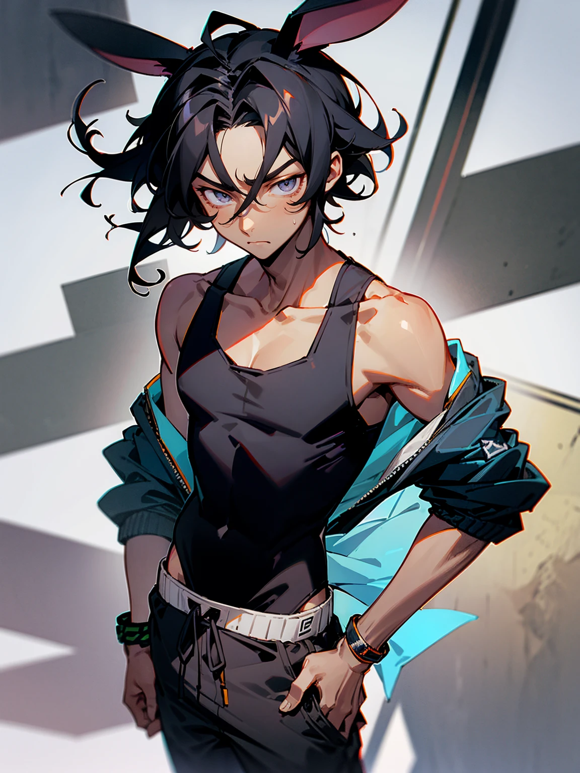 1male, young, dark skin, black hair, wavy middle parted hair, rabbit ears, grey eyes, lean build, tank top, bomber jacket, tied to waist, bracelets, grey sweatpants, Japanese school, serious expression 