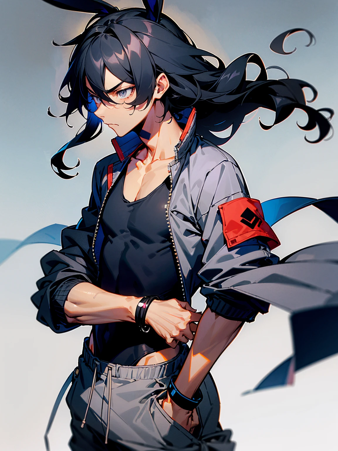 1male, young, dark skin, black hair, wavy middle parted hair, rabbit ears, grey eyes, lean build, tank top, bomber jacket, tied to waist, bracelets, grey sweatpants, Japanese school, serious expression