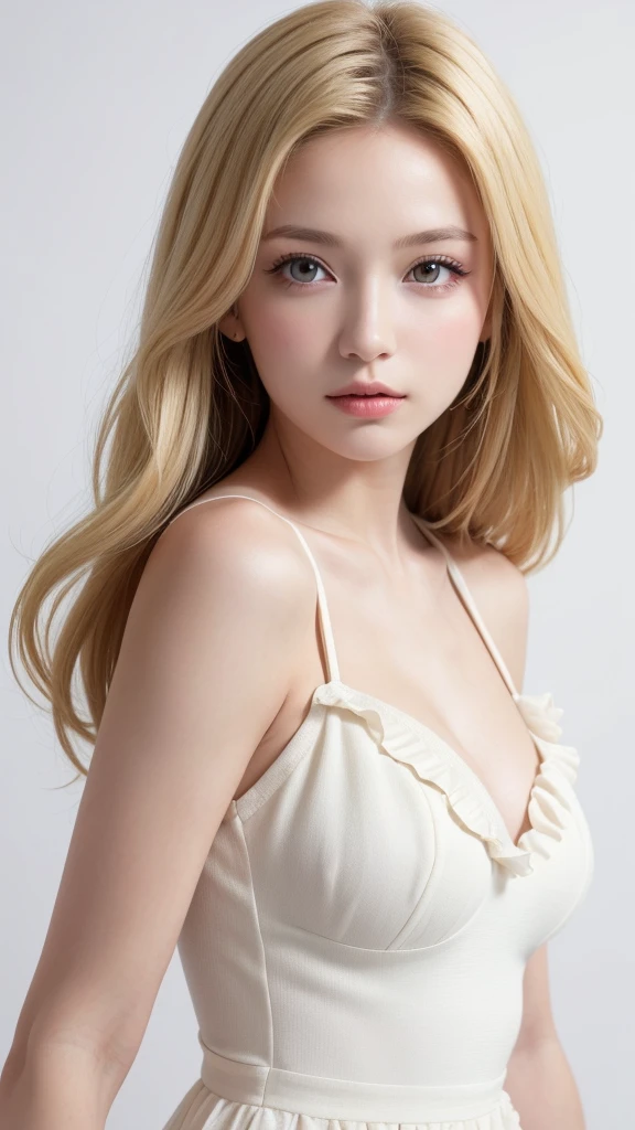 (((forehead、Blonde、Northern Europe、White people、beautiful girl、Blonde、White background、one piece)))、table top, highest quality, figure, super detailed, finely, High resolution, 8k wallpaper, Perfect dynamic composition, detailed and beautiful eyes, Deco out,bionde, medium hair, super big breasts, Natural color lip,white background, random cute poses,frill dress