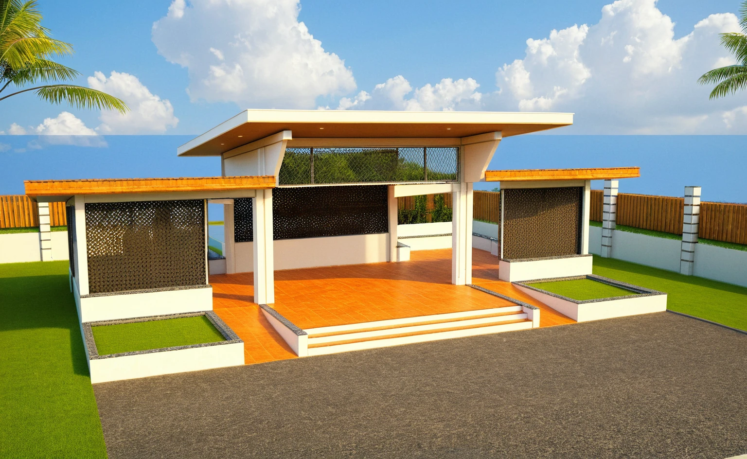 Masterpiece, high quality, best quality, authentic, super detail, outdoors, huts, white wall, road, pavement, grass, trees, blue sky, cloud, (day:1.1), realistic lighting