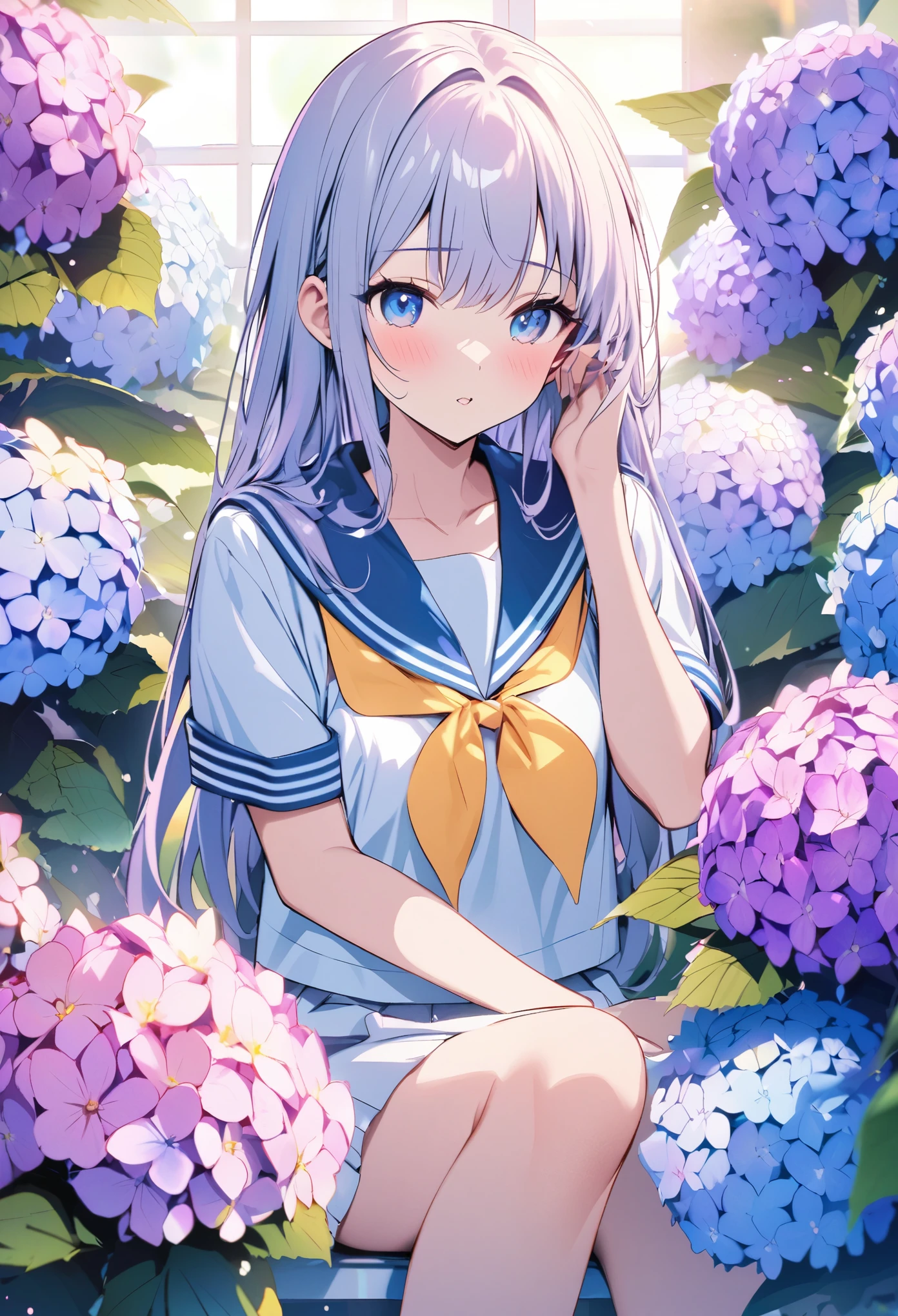 Colorful and gentle hues of hydrangea、A high school girl looking closely、Sailor suit、It's raining a little.、A fusion of watercolor and reality、SLR、Fisheye Lens、I feel the depth
