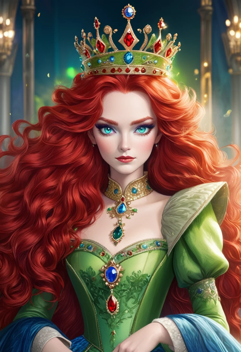 Red Queen,High Fluffy Red Hair,Green eyes,Blue eye shadow,Gorgeous crown,Queen's throne