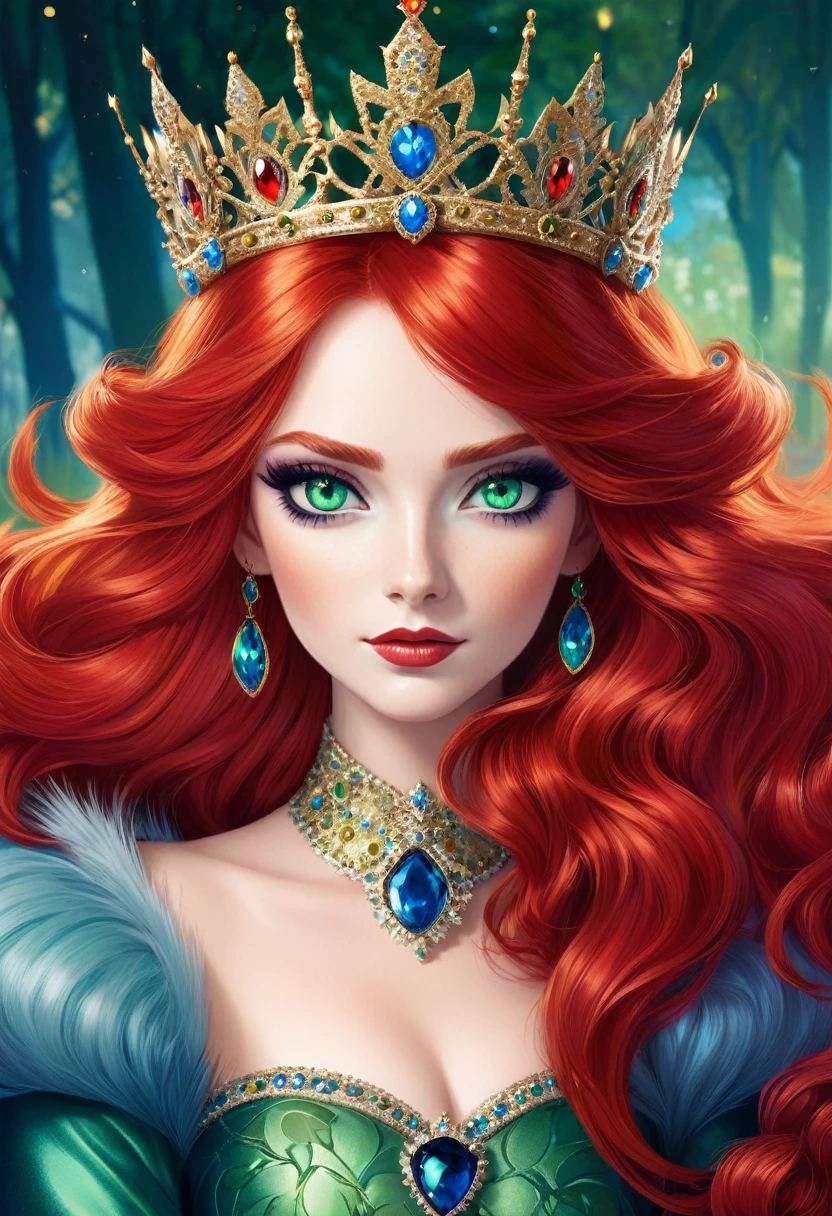 Red Queen，High Fluffy Red Hair，Green eyes，Blue eye shadow，Gorgeous crown，Queen&#39;s throne