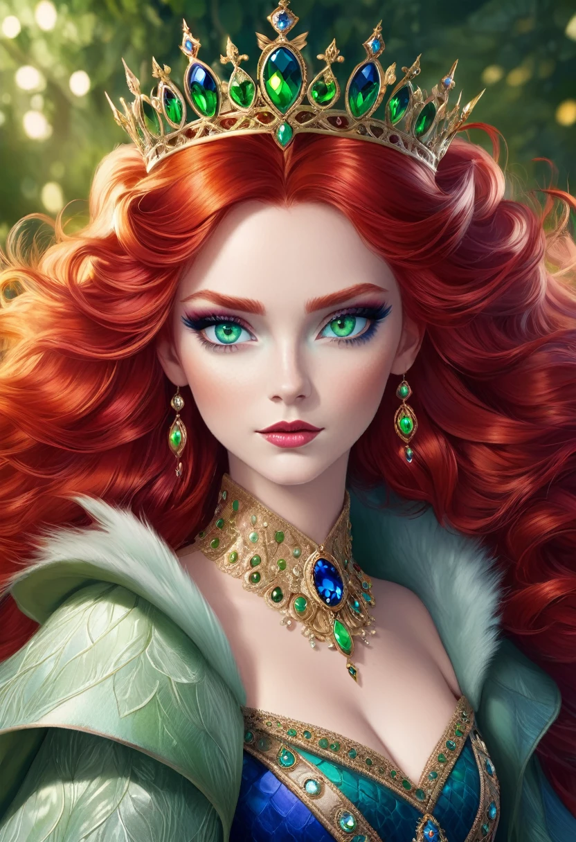 Red Queen,High Fluffy Red Hair,Green eyes,Blue eye shadow,Gorgeous crown,Queen's throne