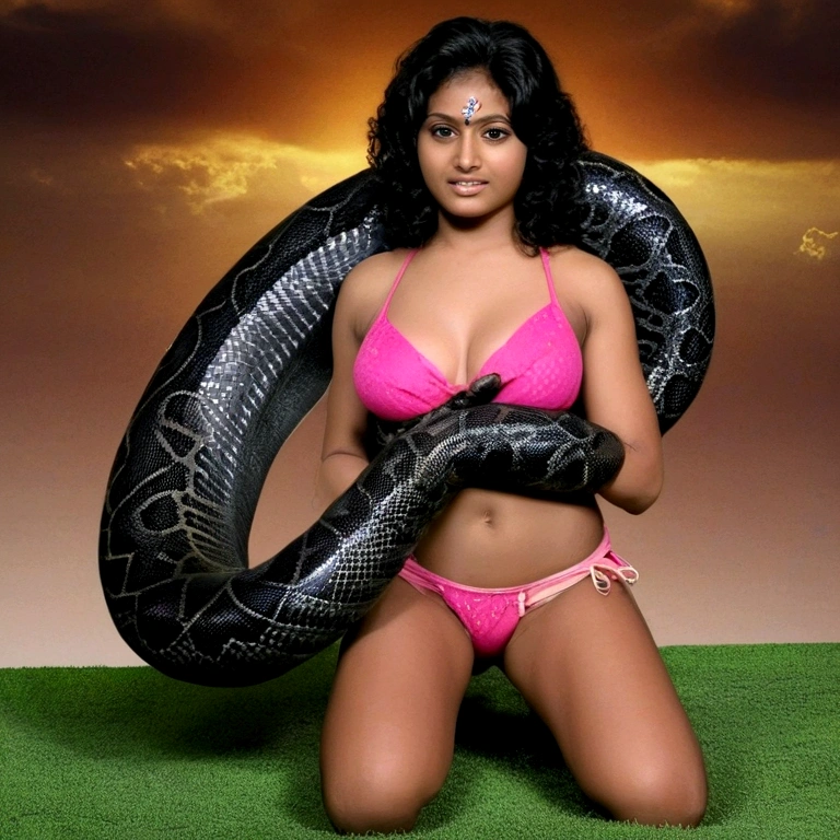 Pink thong Happy Horny, aroused 1girl), beautiful kneeling young Indian pornstar with giant colossal black titanboa squeezing her hard, wrapped in thick spiraling coils, constricted, struggle, gasping for air, snake attack, snake peril, moonless night, dim light