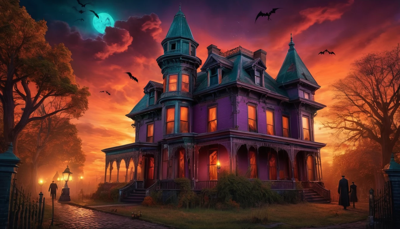 A haunted Victorian-style house with ghostly figures, eerie lighting, and a spooky atmosphere. Style of H P Lovecraft. Hyper realistic photo, vibrant colors, 16k