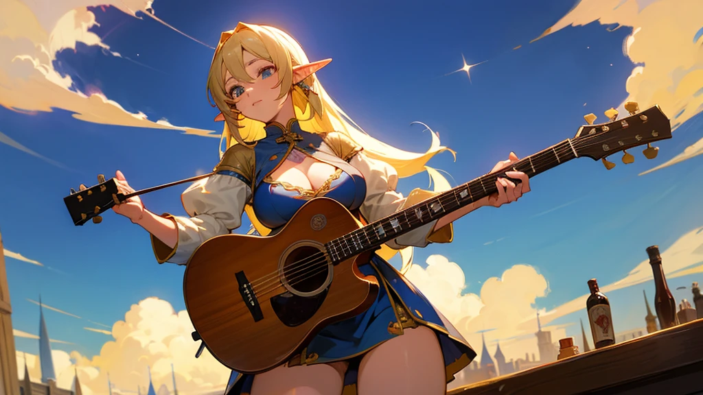 Anime Style,Nostalgic,Detailed background,The medieval world,A lively bar with lots of people,Beautiful sky,Beautiful Elf Bard,guitar,Large Breasts,Healthy thighs
