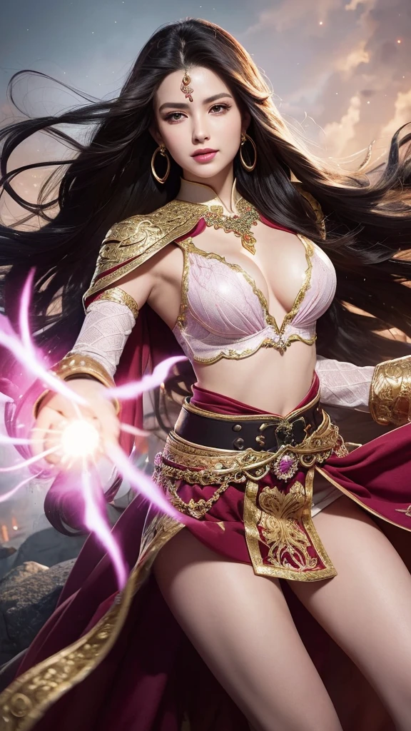 A realistic portrayal of a tall, slender woman with a confident and striking presence. She has long, flowing black hair that cascades past her waist. Her eyes are large, expressive, and convey a determined look. She wears large, ornate golden earrings that dangle elegantly.

Her outfit is intricate and revealing, with a deep red, long-sleeved top that features a plunging neckline. The sleeves are adorned with patterns that resemble scales or feathers. Around her waist, she wears a wide, ornate belt with gold and jewel-like accents. Her lower garment is a high-slit skirt that exposes one of her legs, showcasing colorful, elaborate patterns in green, white, and red. Draped over her shoulders is a long, flowing cape or shawl in shades of white and light purple, billowing dramatically behind her.

She strikes a dynamic pose, with one arm raised and the other extended forward, her legs positioned to emphasize movement and grace. Her facial expression is confident and slightly playful, with a small smile.

The background is vibrant and dynamic, filled with swirling patterns and light effects in pink, purple, and white hues, creating a magical and energetic atmosphere. Sparkling light effects and radiant streaks emphasize her dramatic entrance or action. The art style should be hyper-realistic, capturing the elegance, strength, and fantasy elements of the character.”

This prompt should help in visualizing the character in a realistic manner while maintaining the essence of the original anime style.