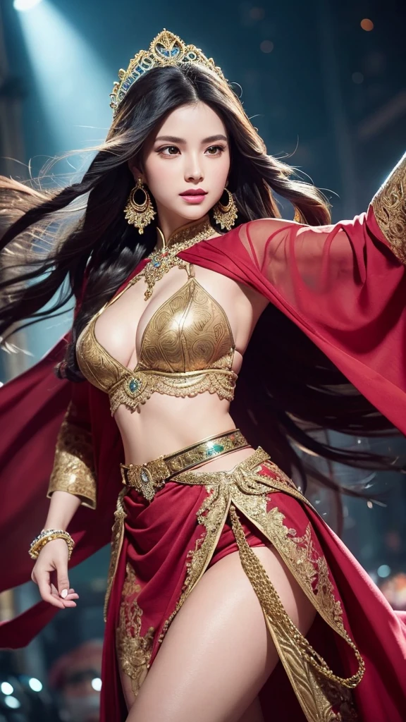 A realistic portrayal of a tall, slender woman with a confident and striking presence. She has long, flowing black hair that cascades past her waist. Her eyes are large, expressive, and convey a determined look. She wears large, ornate golden earrings that dangle elegantly.

Her outfit is intricate and revealing, with a deep red, long-sleeved top that features a plunging neckline. The sleeves are adorned with patterns that resemble scales or feathers. Around her waist, she wears a wide, ornate belt with gold and jewel-like accents. Her lower garment is a high-slit skirt that exposes one of her legs, showcasing colorful, elaborate patterns in green, white, and red. Draped over her shoulders is a long, flowing cape or shawl in shades of white and light purple, billowing dramatically behind her.

She strikes a dynamic pose, with one arm raised and the other extended forward, her legs positioned to emphasize movement and grace. Her facial expression is confident and slightly playful, with a small smile.

The background is vibrant and dynamic, filled with swirling patterns and light effects in pink, purple, and white hues, creating a magical and energetic atmosphere. Sparkling light effects and radiant streaks emphasize her dramatic entrance or action. The art style should be hyper-realistic, capturing the elegance, strength, and fantasy elements of the character.”

This prompt should help in visualizing the character in a realistic manner while maintaining the essence of the original anime style.