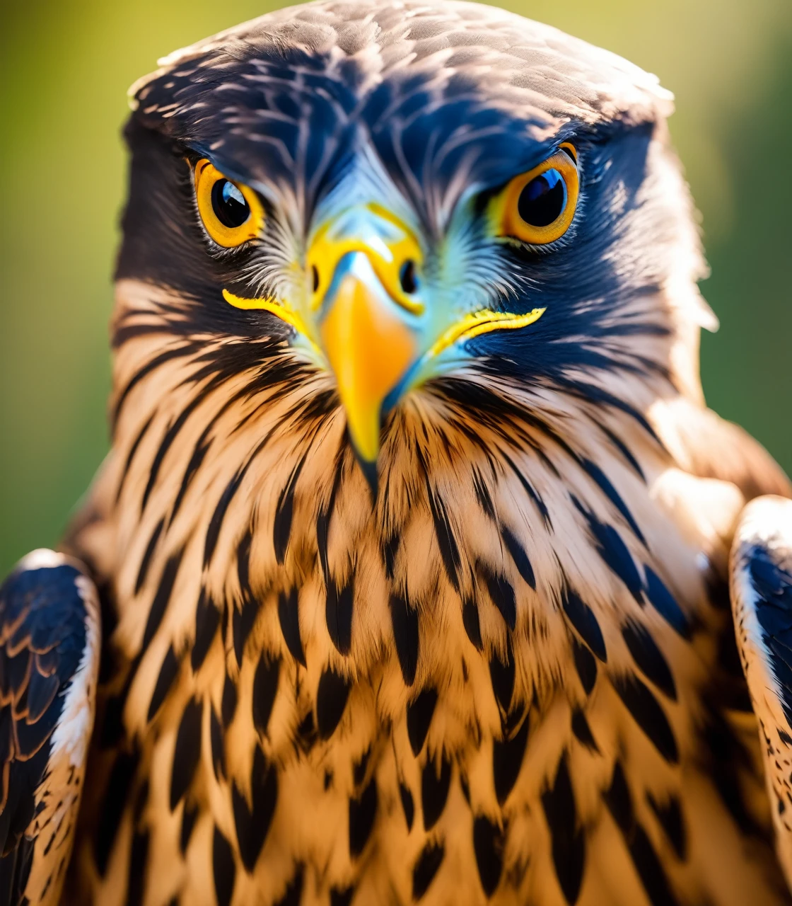 A detailed close-up portrait of a falcon, high quality, 8k, photorealistic, sharp focus, ultra-detailed feathers, piercing eyes, beak, natural lighting, wildlife, animal photography style