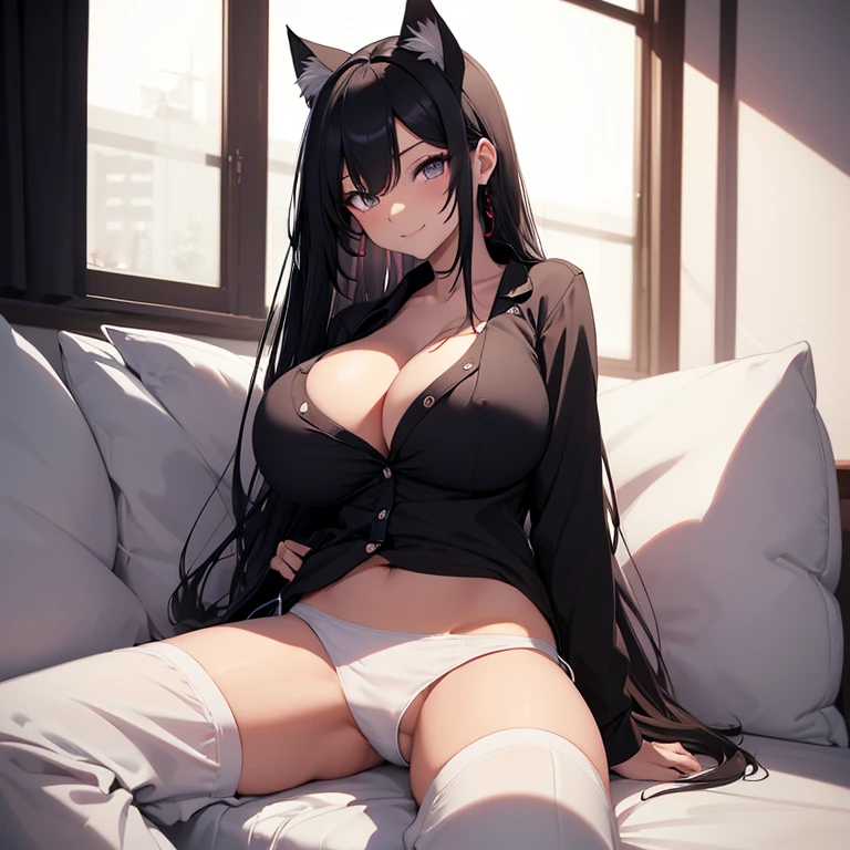 Superflat, Flat Shading, Flat Color, close, High-angle, Wide-angle, One Girl， 19 years old, Asian, Gamer Girl,  Long braided black hair, Unbuttoned pajamas, Cat Ear, (huge breasts:1.4), (White panties:1.4),  Sitting on Sofa, At Night，dark，Vibrant colors, seductive smile, spread legs