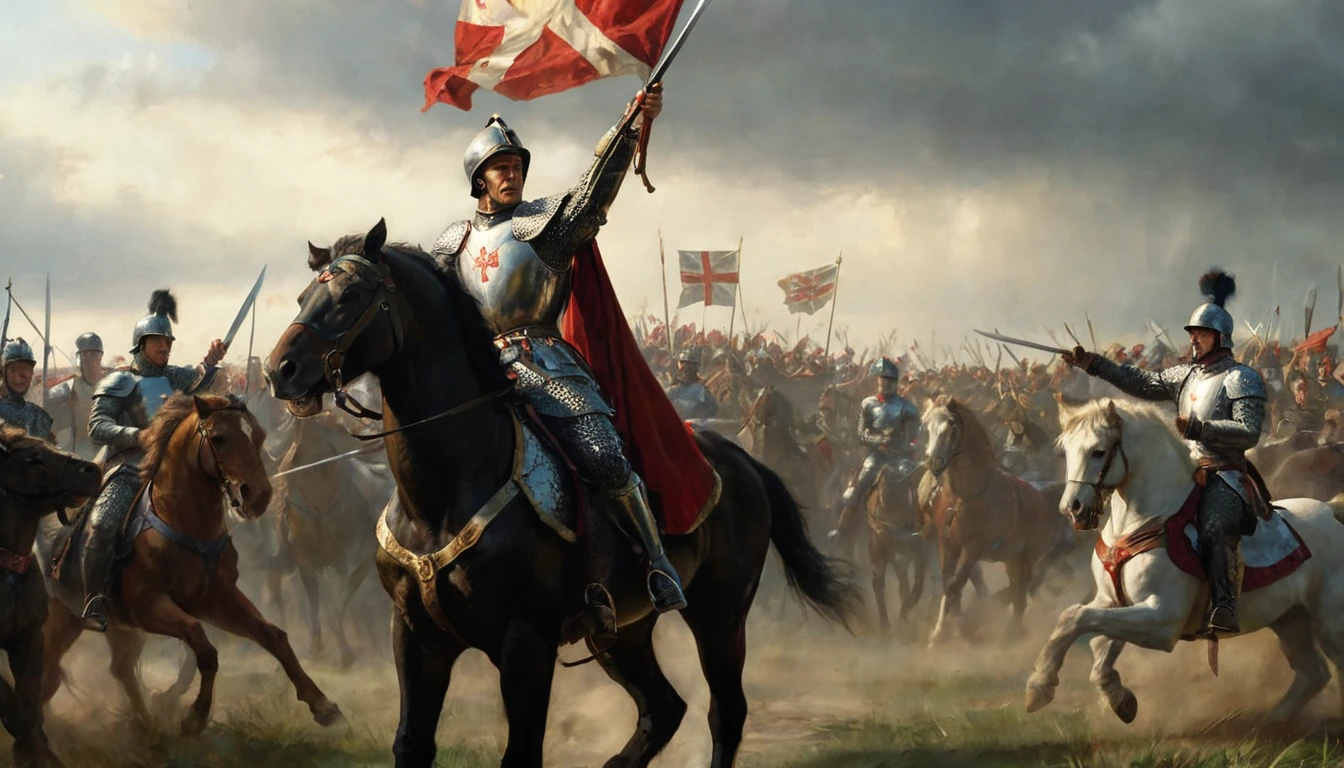 Henry V in shining and ornate armor, highlighting the emblem of the lion of England on his chest and the fleur-de-lys on his cape. He stands in the center of the battlefield, raising his sword in victory. His face shows an expression of triumph and determination. Around him, soldiers celebrate and raise their weapons. The background includes the landscape of the battlefield with waving banners, horses and the sky tinted by the evening light, adding an epic and dramatic atmosphere to the scene. The composition captures the glorious moment of victory and the king's leadership in battle., Hyperrealism, Impressionism, close-up, UHD, retina, masterpiece, accurate, anatomically correct, textured skin, super detail, award winning, 8k