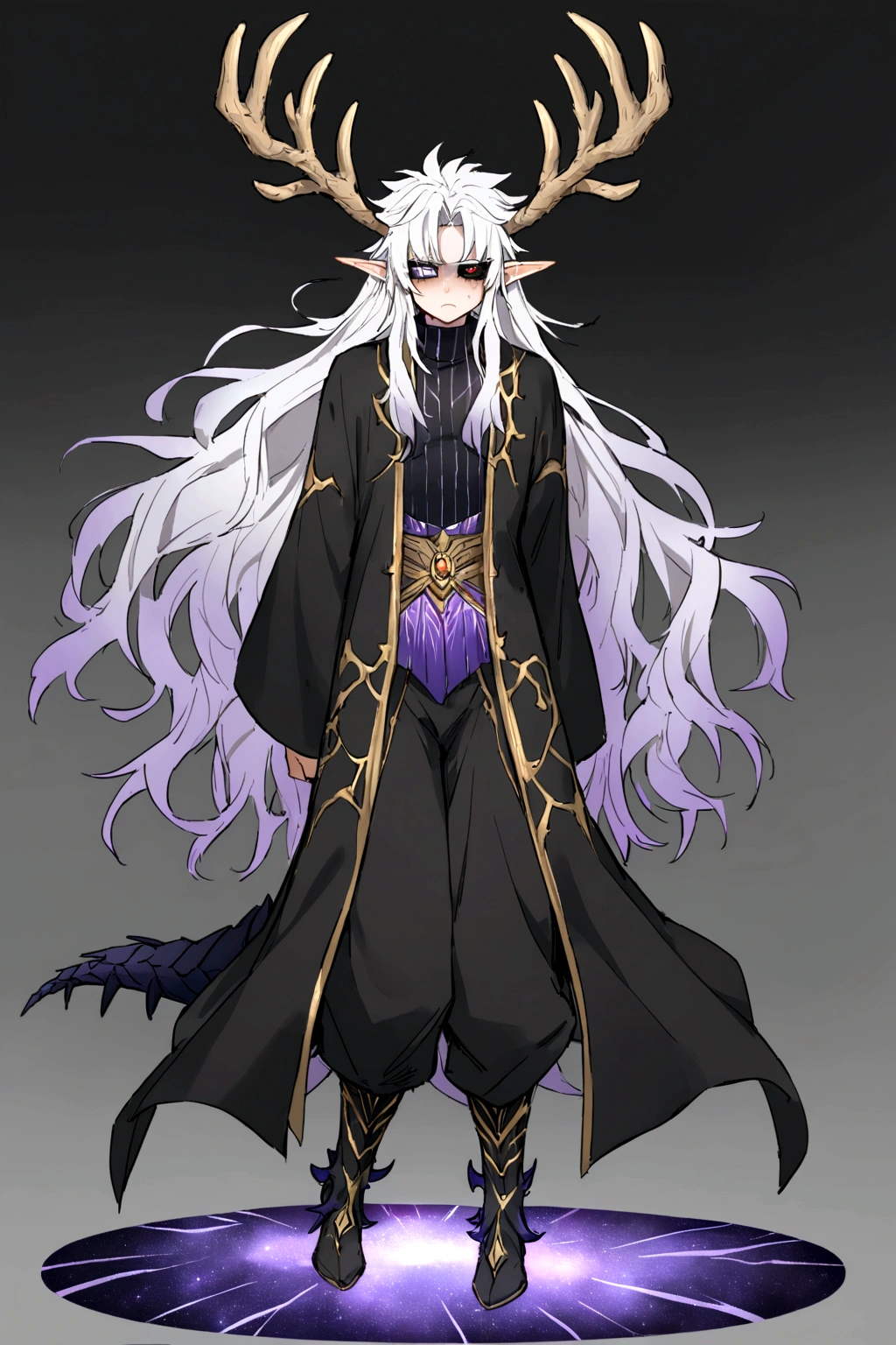 Solo, male teen, Character fusion: Nibelung fused with nidhoggr, odin and sun wukong, tall tanned man with wild unruly white hair, bangs on face, bangs, ((iridescent irises)), black sclera on eyes, long voluminous hair, spiky hair, pointy ears, fit , clawed fingers, dragon tail, open haori, turtleneck tanktop, dark crystal antlers, exhausted expression, khaenr'ah abyss, draconic person, calamity incarnate,  full body