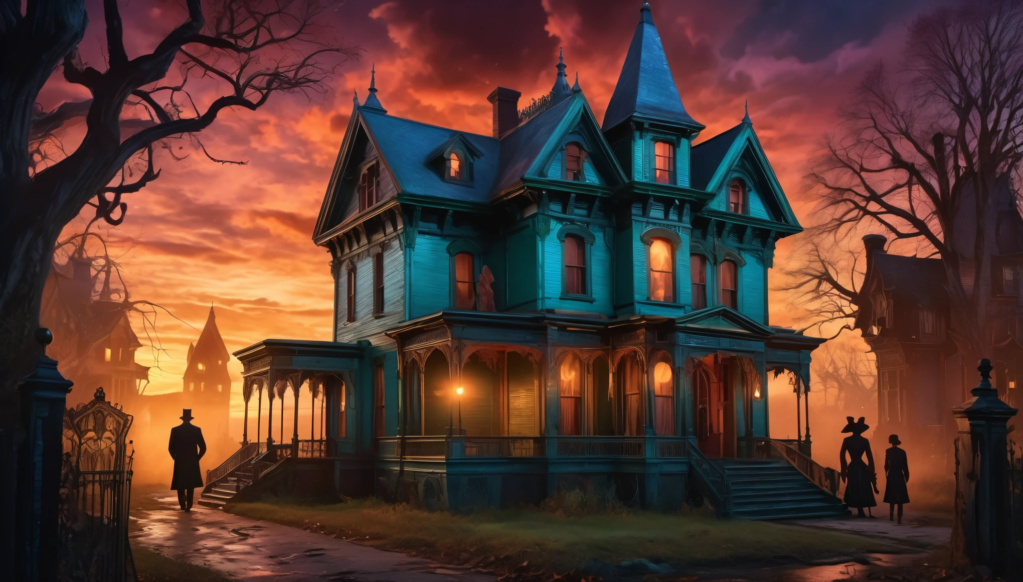 A haunted Victorian-style house with ghostly figures, eerie lighting, and a spooky atmosphere. Style of H P Lovecraft. Hyper realistic photo, vibrant colors, 16k