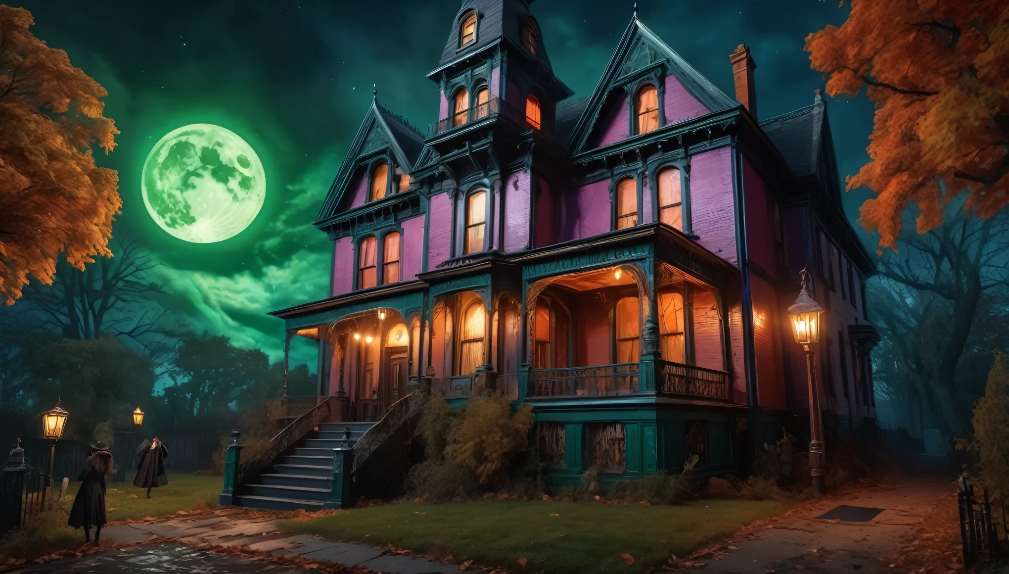 A haunted Victorian-style house with ghostly figures, eerie lighting, and a spooky atmosphere. Style of H P Lovecraft. Hyper realistic photo, vibrant colors, 16k
