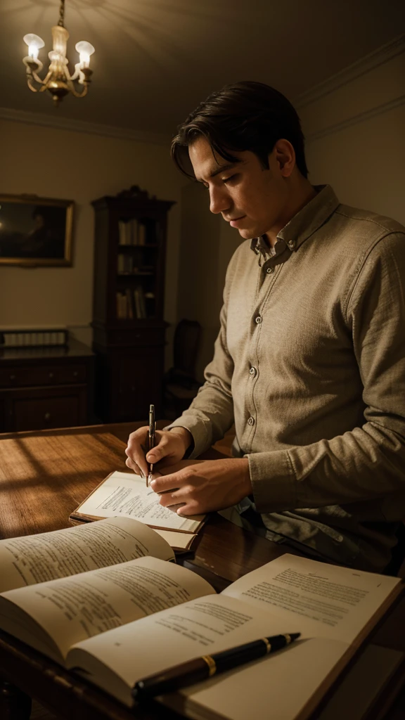 A photo of a man writing alone in a historic mansion study room at late afternoon, taken with a Fujifilm X-T4 with a 23mm f/1.4 lens, soft ambient lighting, classic photography