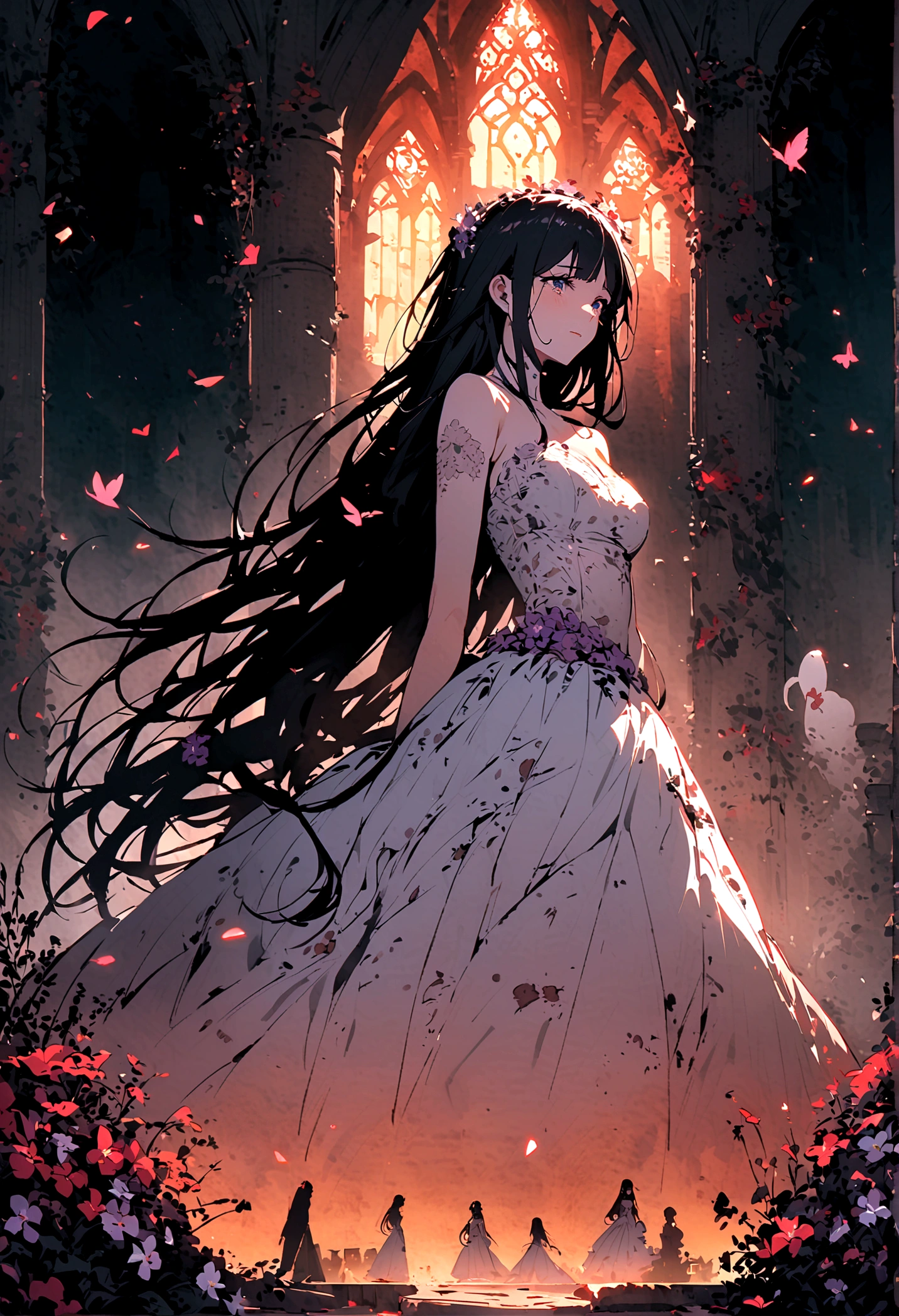 (only one person),Broken church,Cemetery,heavy rain,dark clouds,(Battle damage),Wedding dress,Long hair,Ghost Bride,Dark and gloomy,night,Wilted flowers,Tears