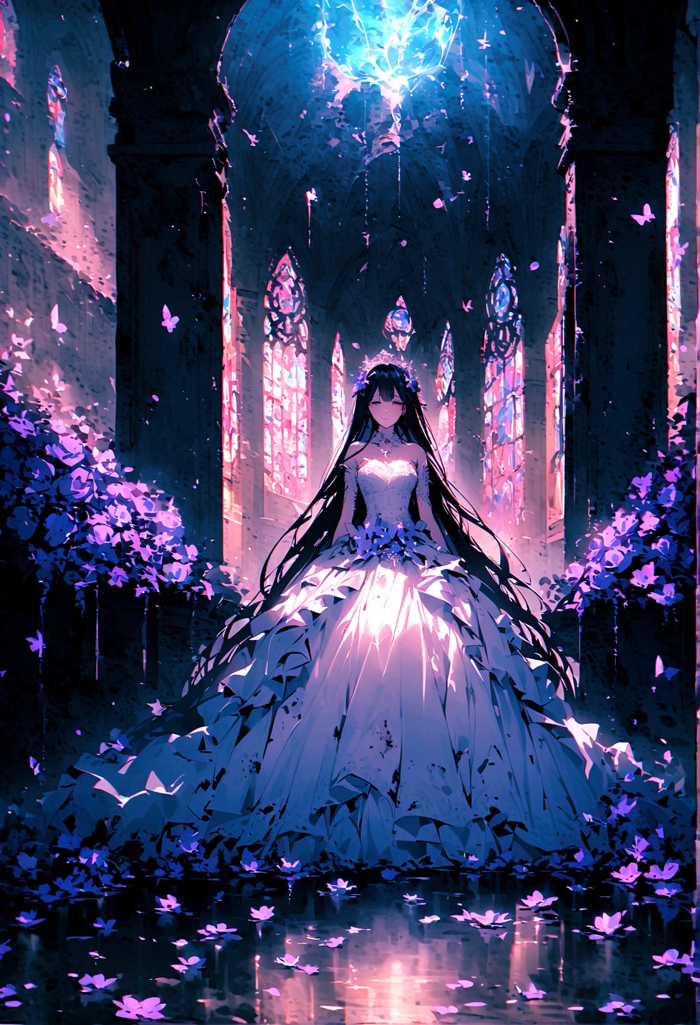 (only one person),Broken church,Cemetery,heavy rain,dark clouds,(Battle damage),Wedding dress,Long hair,Ghost Bride,Dark and gloomy,night,Wilted flowers,Tears