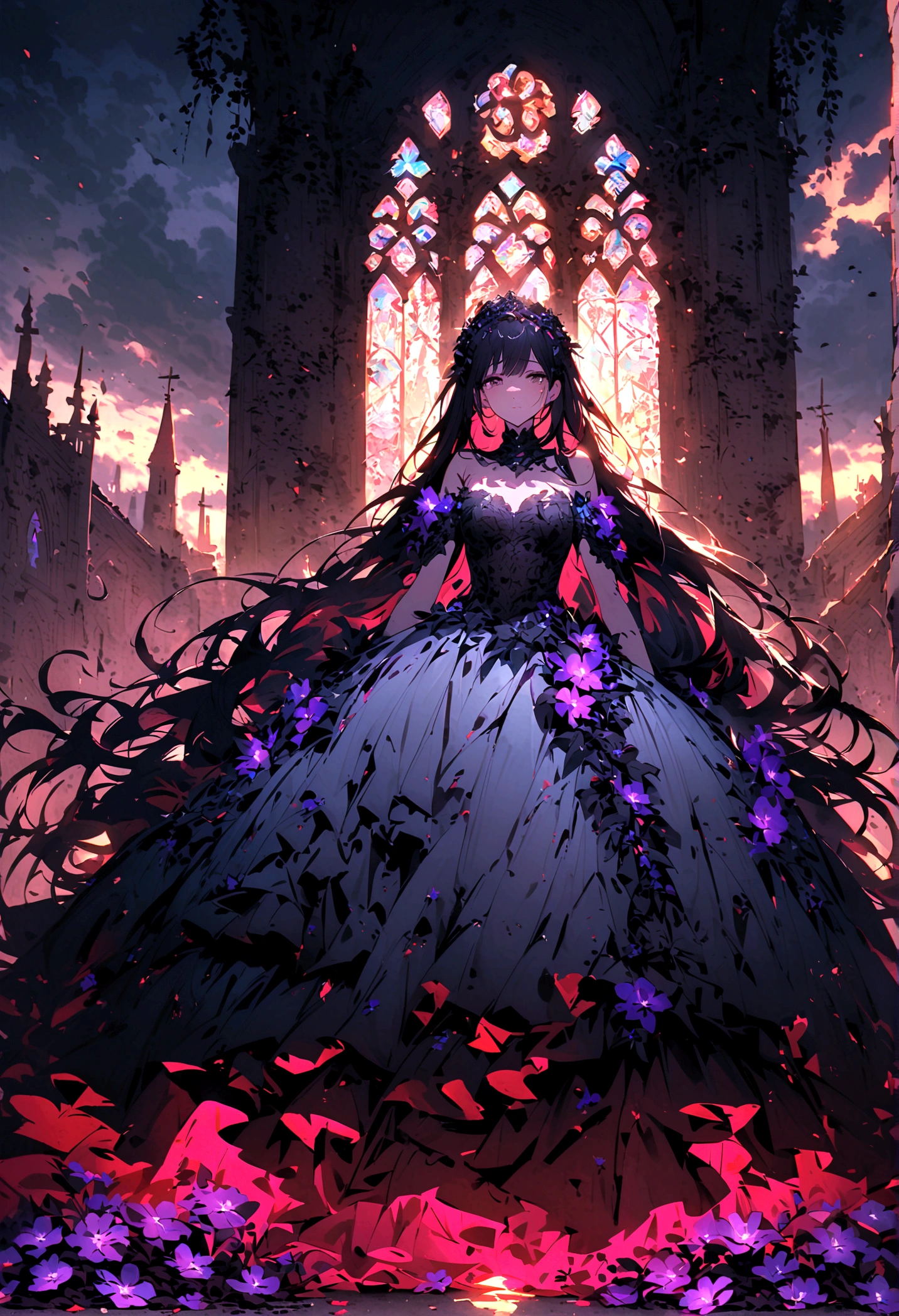 (only one person),Broken church,Cemetery,heavy rain,dark clouds,(Battle damage),Wedding dress,Long hair,Ghost Bride,Dark and gloomy,night,Wilted flowers,Tears