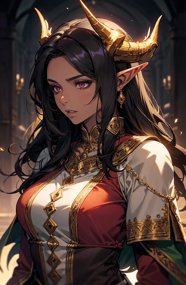 brown skin, older woman, sexy, tall, brown skin, one dragon wing, black hair, elf, elf ears, dragon horns, dark clothing, purple clothing