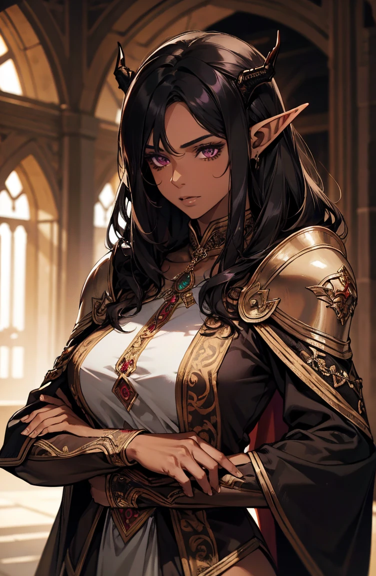 brown skin, older woman, sexy, tall, brown skin, one dragon wing, black hair, elf, elf ears, dragon horns, dark clothing, purple clothing