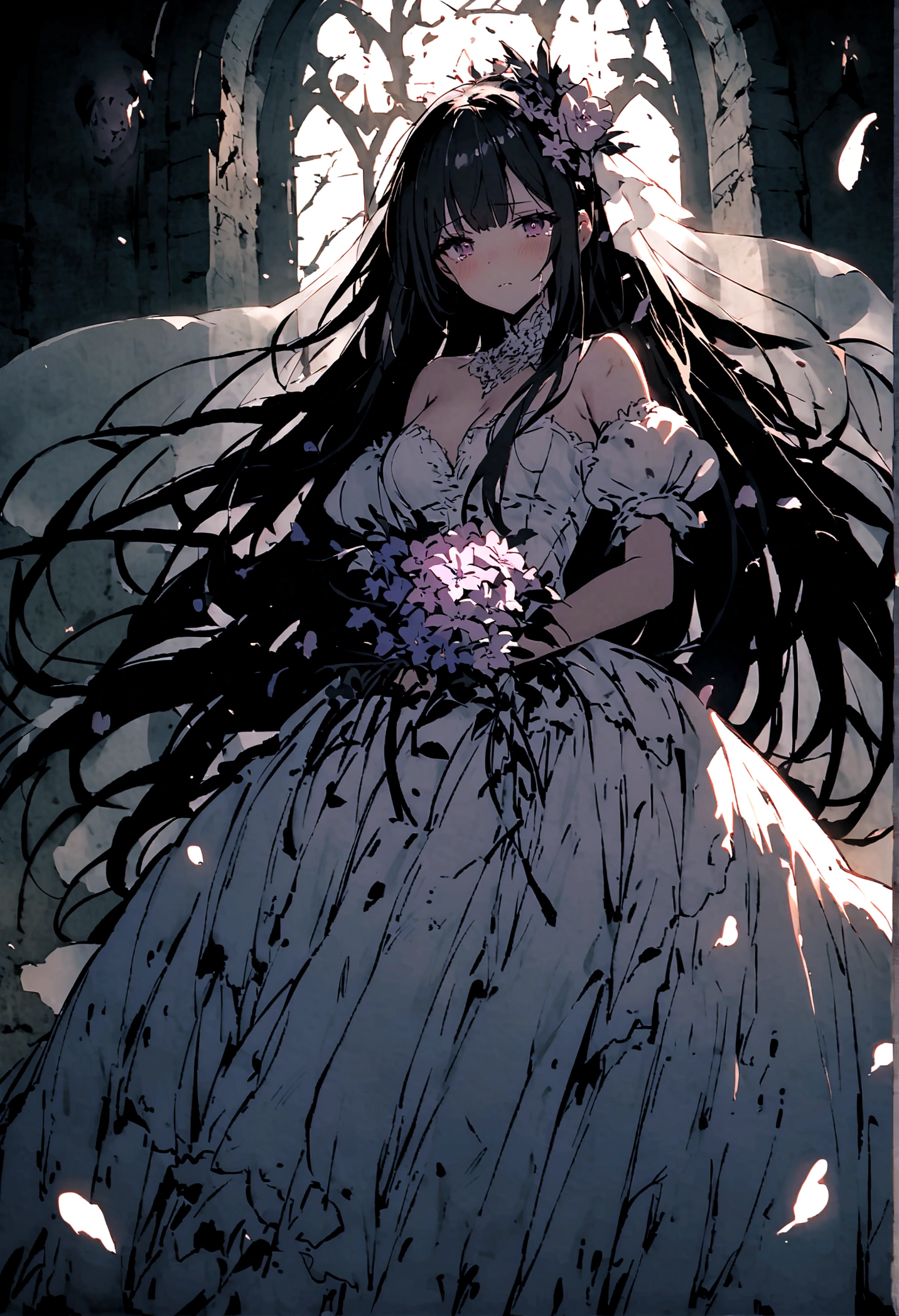 Broken church,Cemetery,heavy rain,dark clouds,(Battle damage),Wedding dress,Long hair,Ghost Bride,Dark and gloomy,night,Wilted flowers,Tears,Fluorescence