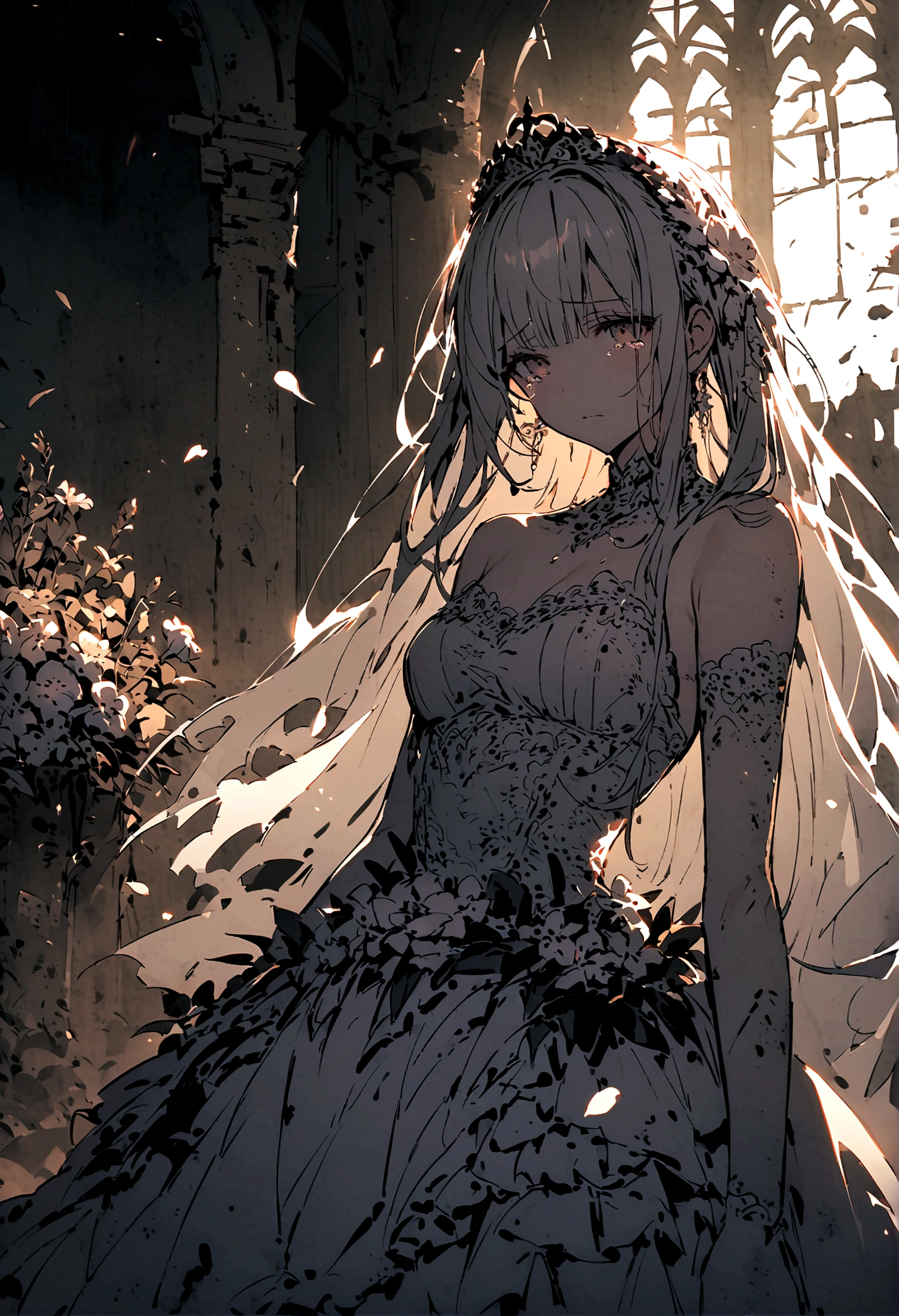 Broken church,Cemetery,heavy rain,dark clouds,(Battle damage),Wedding dress,Long hair,Ghost Bride,Dark and gloomy,night,Wilted flowers,Tears,Fluorescence