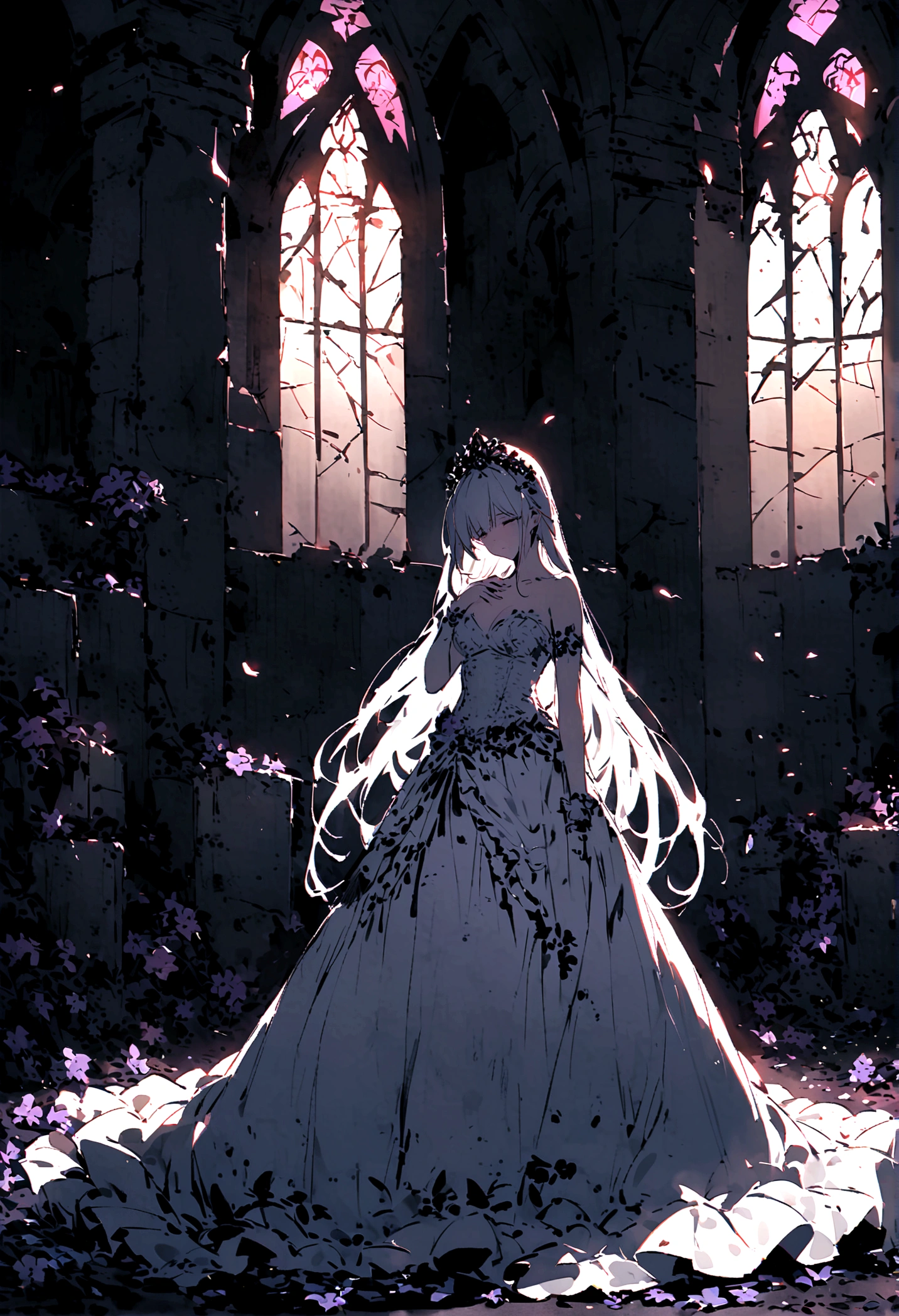 Broken church，Cemetery，heavy rain，dark clouds，(Battle damage)，Wedding dress，Long hair，Ghost Bride，Dark and gloomy，night，Wilted flowers，Tears，Fluorescence