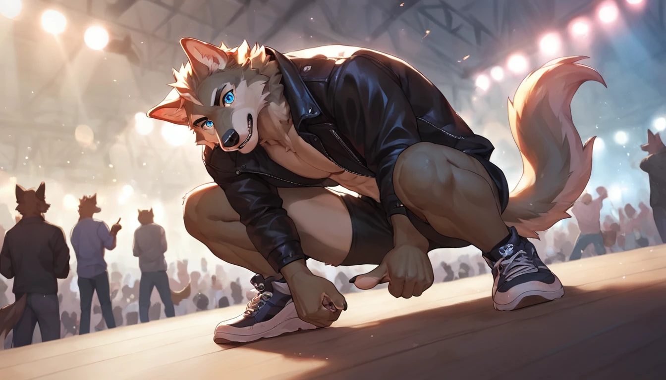 (cinematic, score_8_up,:1.5), by chunie, male, masculine, muscular, plantigrade, (hi-top_sneakers), black leather jacket, anthro, furry, gray_wolf, (pointing_at_viewer:1.2), looking down at crowd, concert stage, flashing lights, forced perspective, bottom view, bent over, squatting, posing, dynamic pose, detailed background,((detailed fur)), (detailed eyes:1.5), large eyes, blue eyes, full body,