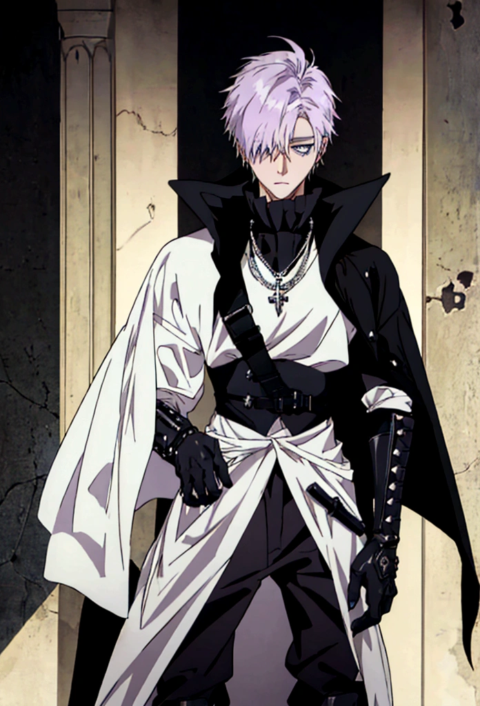 anime styling, best qualityer, pale white man, weak purple hair, clear blue eyes, bangs covering one eye, piercings na orelha, expression of boredom, tight bodice, white clothing covering the shoulders, voluminous bouffant, Black boots, Doctor, RPG, Medieval theme, Malignant, black leather gloves with metallic detail, necklace that hangs around your neck, dark circles in the eyes, long black cape, leather sheath with blades, leaning posture, baggy pants, Scrawny
