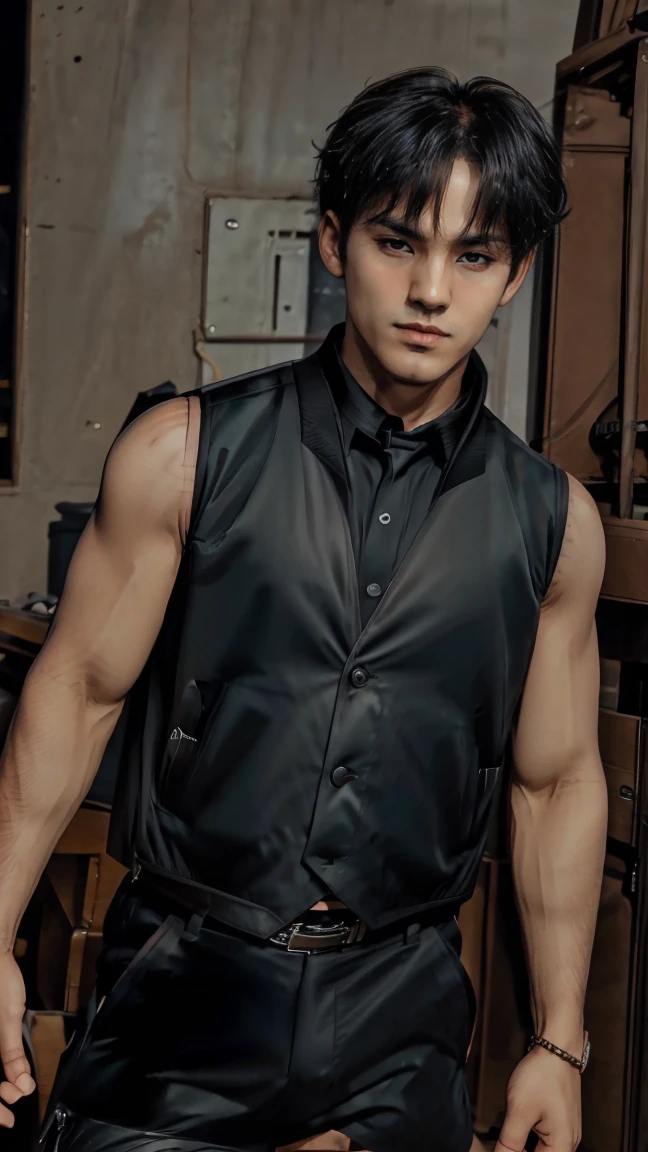 boys 26 Years old, juvenile, no facial hair, Serious face, brown eyes, black shorts hair, wearing ((black sleeveless jacket)), high cut collar 