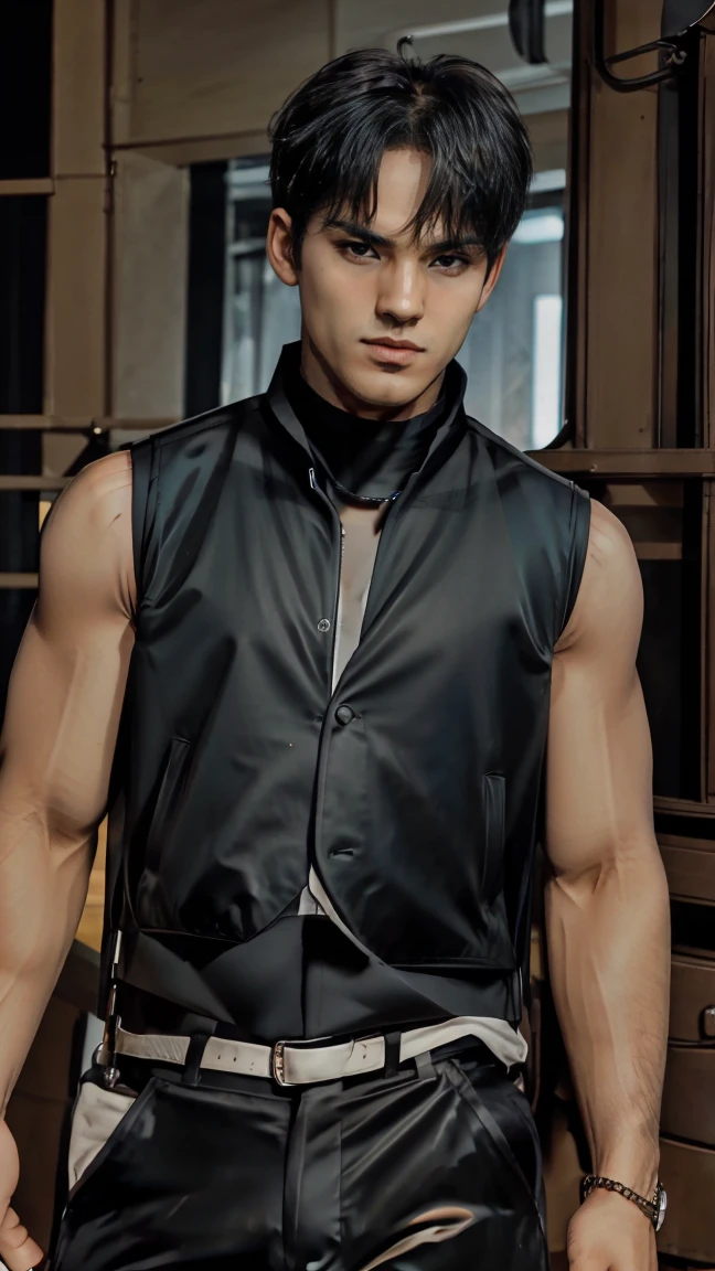 boys 26 Years old, juvenile, no facial hair, Serious face, brown eyes, black shorts hair, wearing ((black sleeveless jacket)), high cut collar 