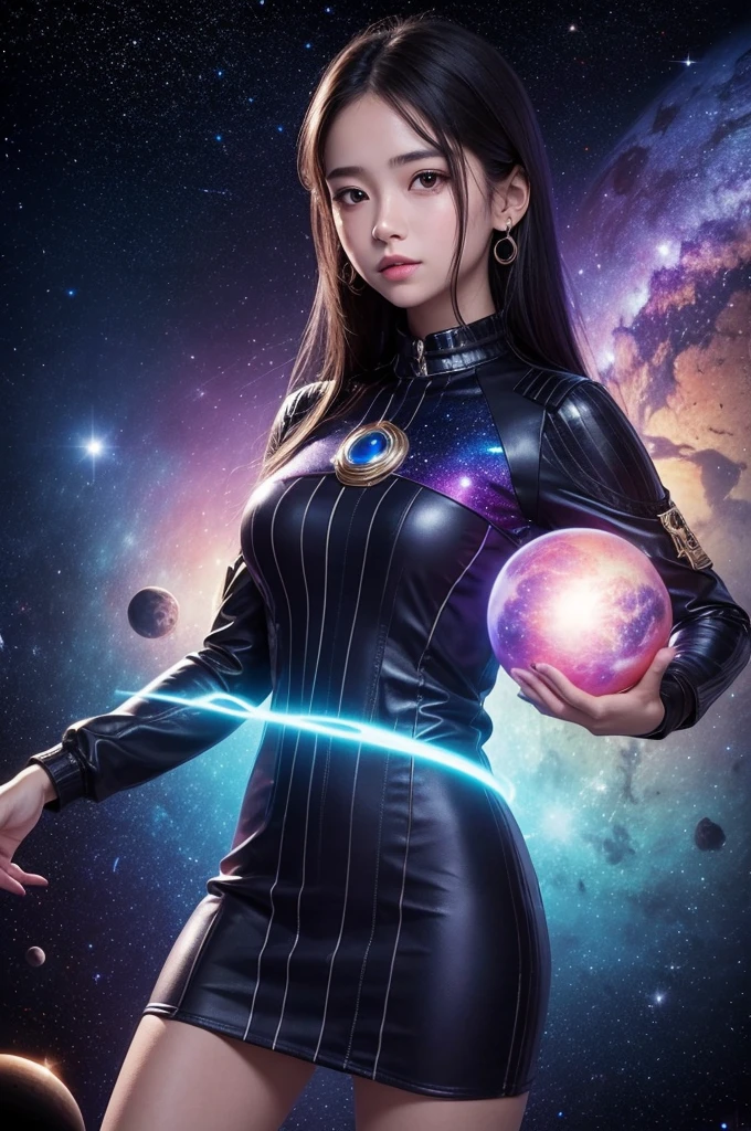 A girl with the power to create planets in her hand,standing in the galaxy,a pretty girl with galaxy-colored clothes 