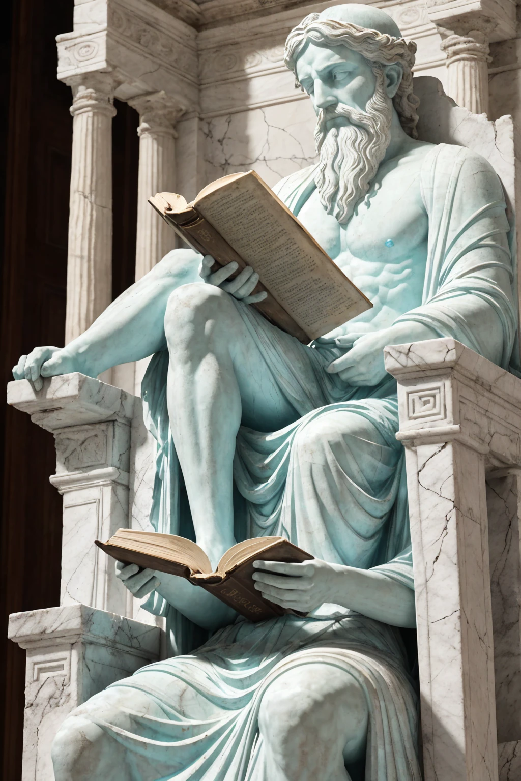 make a statue of an ancient philosopher reading a book while sitting on a throne, make the statue entirely out of marble with cracks and blue light coming out of those cracks to give an impression of an abandoned statue (make the image from the front, realistic and ancient looking)