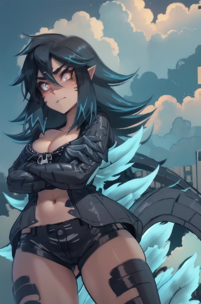 gzchan,scales,large breasts,tail,black hair,monster girl,glowing,smirk,kaijuu,(full body:1.3),
(detailed face and eyes:1.3),1girl,Ultra-detail,(highres:1.1),best quality,(masterpiece:1.3),cinematic lighting,