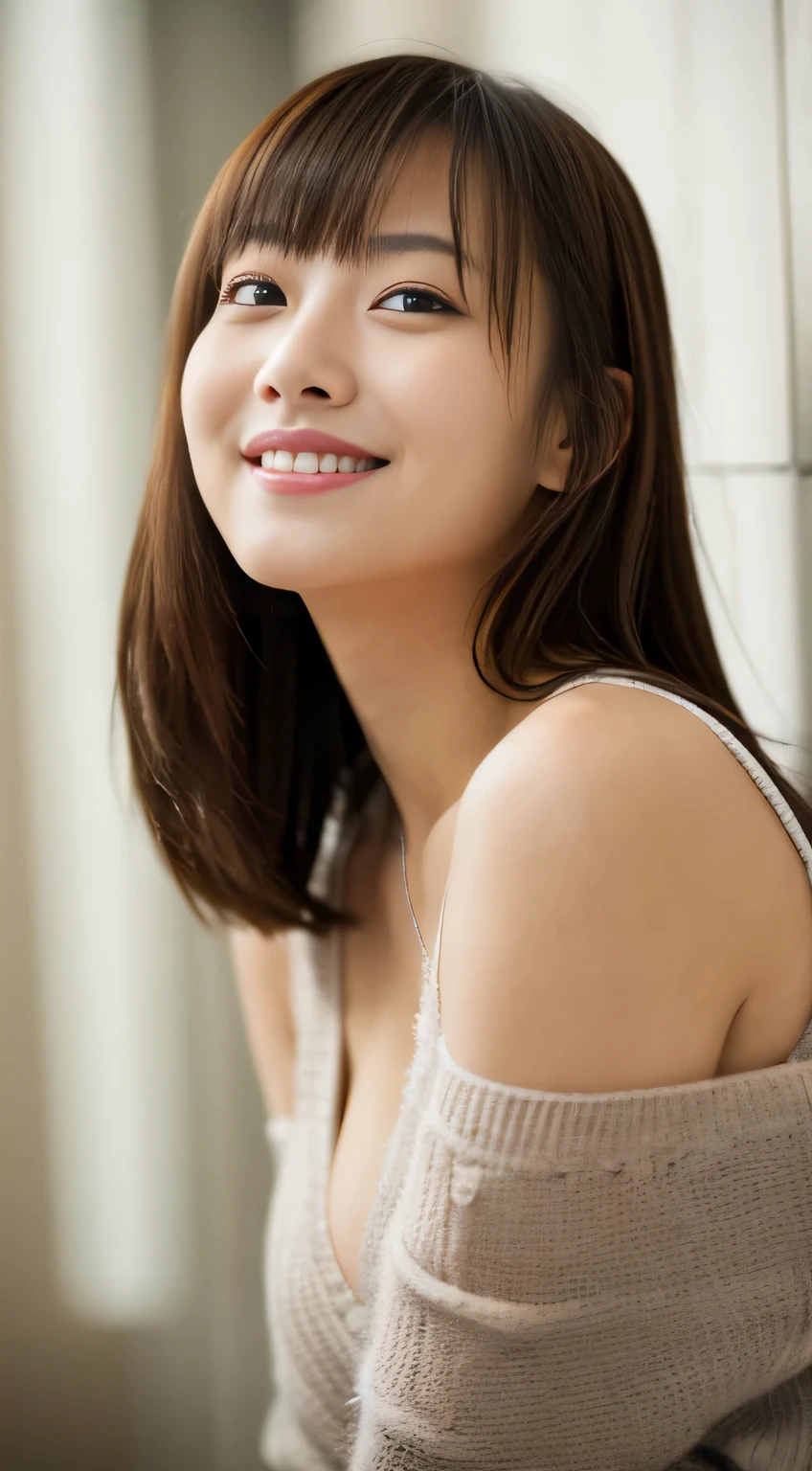 masterpiece,best quality,(Japanese ),((Beautiful girl)),cleavage,indoor,(perfect body beauty:1.2),(shy smile),beautiful teeth,