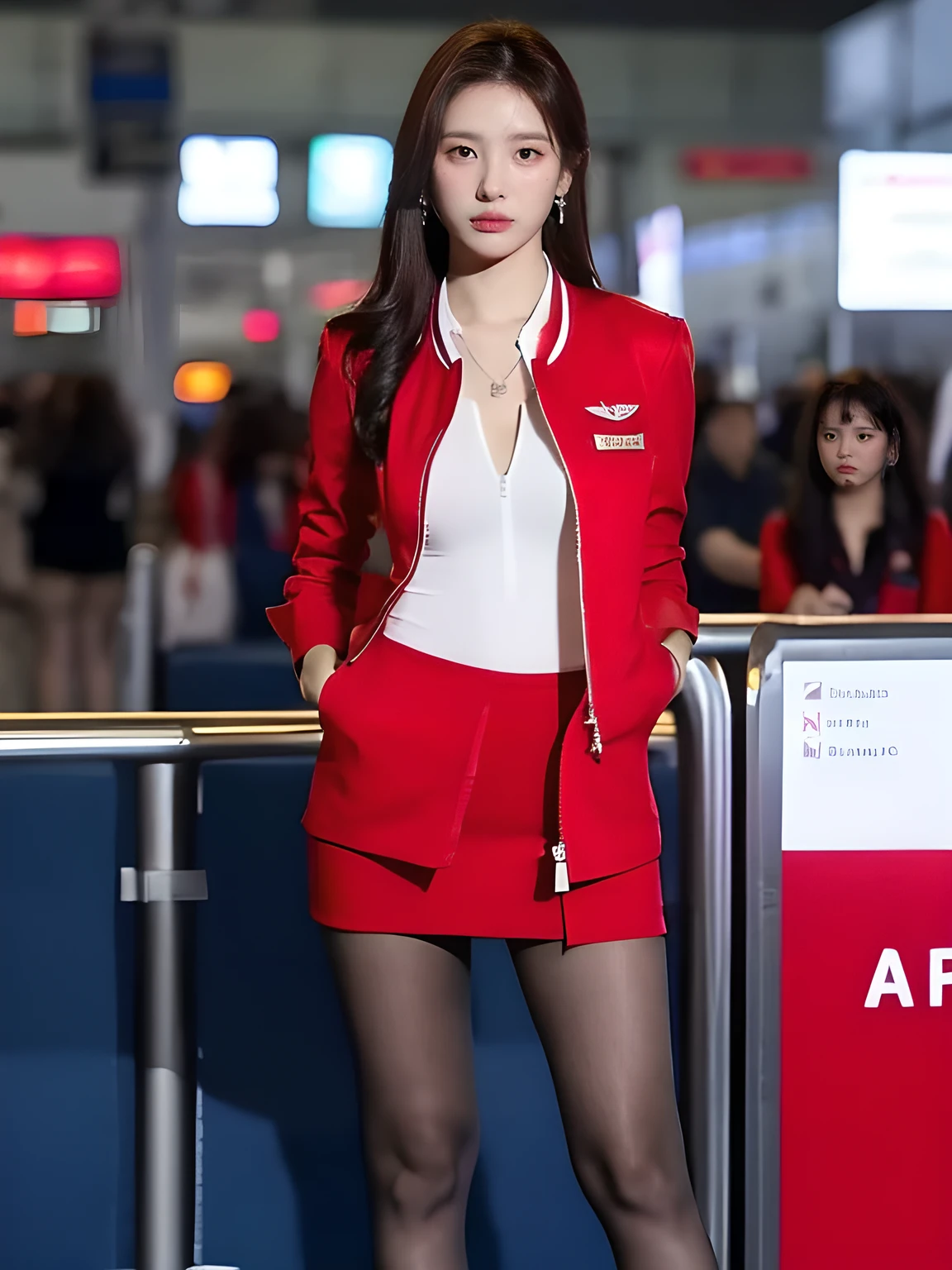 (masterpiece:1.2, highest quality:1.2), 32k HDR, High resolution, (alone, 1 girl), （Realistic style of AirAsia stewardess uniform）, neat woman, beautiful face, brown hair, (long hair down to waist), (red jacket:1.1, Unzipped jacket, unbuttoned white shirt:1.05, red mini skirt:1.1, pantyhose), perfect slim body:1.1, huge breasts, Huge breasts cleavage, detailed skin texture, fine eyes, (fascinating look:1.2), necklace、earrings、(forward leaning posture:1.5, in an airport, London , Heathrow airport,blue eyes