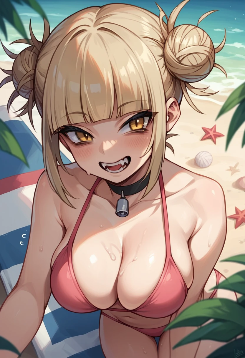 _asura style, 1girl, kumano (azur_lane), sharp_teeth, breasts, single_elbow_glove, teeth, swimsuit, purple_eyes, flower, between_breasts, horns, cleavage, elbow_gloves, gloves, hair_flower, single_glove, solo, hair_ornament, blonde_hair, bikini, large_breasts, cross_hair_ornament, frilled_bikini, off-shoulder_bikini, beach, smile, looking_at_viewer, long_hair, outdoors, red_nails, multicolored_bikini, leaning_forward, frills, multicolored_clothes, oni_horns, black_gloves, collarbone, v, mismatched_bikini, leash, day, official_alternate_costume, white_flower, ocean, strap_between_breasts, nail_polish, bare_shoulders, sky