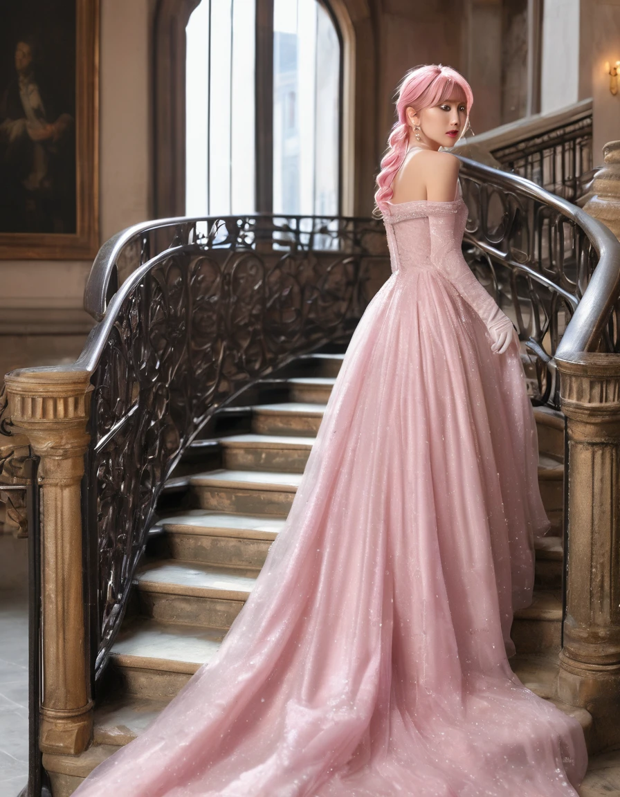 ((masterpiece, Highest quality, Best image quality, High resolution, Realistic, RAW Photos, 8K)), Woman in evening dress, (Long pink hairhair tied back, Jeweled wig, Long gloves, Glass Slipper, Bare shoulders, Bare back), Looking back from halfway up the wide staircase leading to the castle, Look down,
