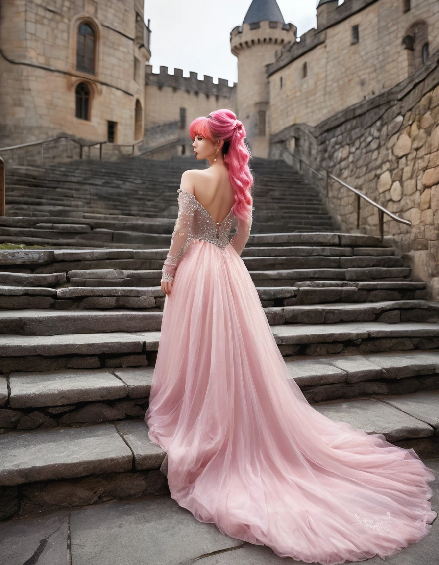 ((masterpiece, Highest quality, Best image quality, High resolution, Realistic, RAW Photos, 8K)), Woman in evening dress, (Long pink hairhair tied back, Jeweled wig, Long gloves, Glass Slipper, Bare shoulders, Bare back), Looking back from halfway up the wide staircase leading to the castle, Look down,
