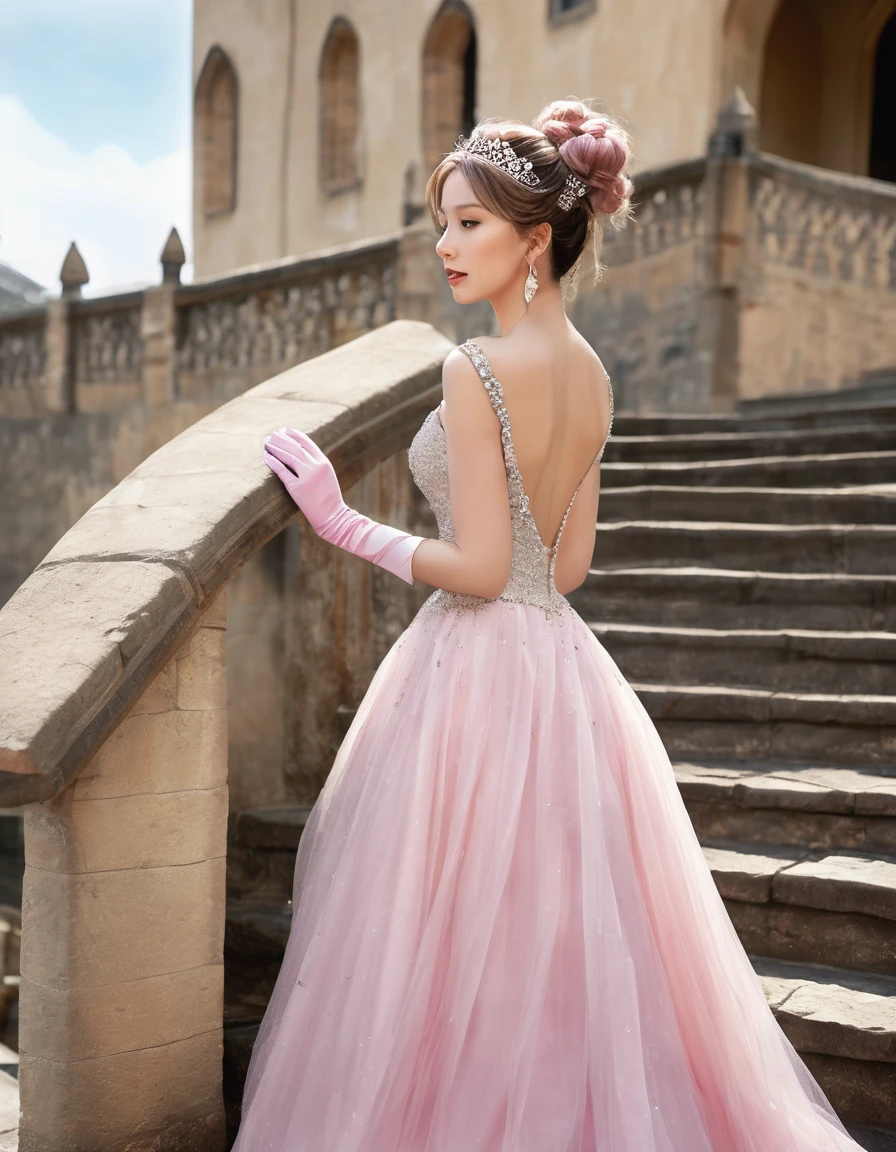 ((masterpiece, Highest quality, Best image quality, High resolution, Realistic, RAW Photos, 8K)), Woman in evening dress, (Long pink hairhair tied back, Jeweled wig, Long gloves, Glass Slipper, Bare shoulders, Bare back), Looking back from halfway up the wide staircase leading to the castle, Look down,
