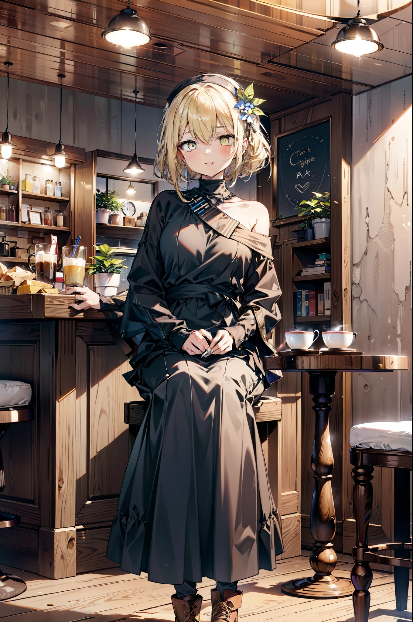 (アイスWallenstein, Wallenstein, blonde, Hair between the eyes, hair band, happy smile, smile, Open your mouth,Blonde,Long Hair, (Yellow Eyes:1.5),One-shoulder sweater,Long skirt,short boots,Sitting in a chair,There is food on the table,Daytime,Clear skies,whole bodyがイラストに入るように,　　　　　　　　　　　　　　　　　break looking at viewer, whole body,　　　　　　　　　　　break indoors,Coffee shop,,　　　　　　　　　　　　　　　 break (masterpiece:1.2), Highest quality, High resolution, unity 8k wallpaper, (shape:0.8), (Beautiful and beautiful eyes:1.6), Highly detailed face, Perfect lighting, Extremely detailed CG, (Perfect hands, Perfect Anatomy),