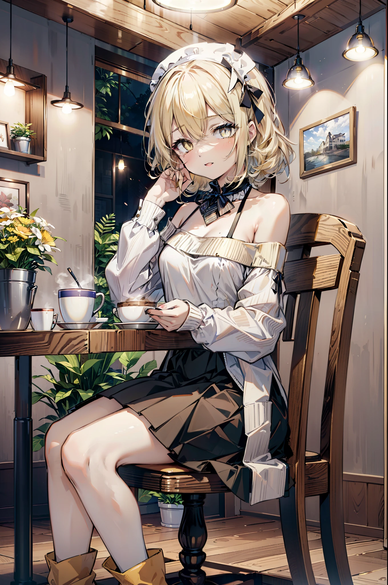 (アイスWallenstein, Wallenstein, blonde, Hair between the eyes, hair band, happy smile, smile, Open your mouth,Blonde,Long Hair, (Yellow Eyes:1.5),One-shoulder sweater,Long skirt,short boots,Sitting in a chair,There is food on the table,Daytime,Clear skies,whole bodyがイラストに入るように,　　　　　　　　　　　　　　　　　break looking at viewer, whole body,　　　　　　　　　　　break indoors,Coffee shop,,　　　　　　　　　　　　　　　 break (masterpiece:1.2), Highest quality, High resolution, unity 8k wallpaper, (shape:0.8), (Beautiful and beautiful eyes:1.6), Highly detailed face, Perfect lighting, Extremely detailed CG, (Perfect hands, Perfect Anatomy),