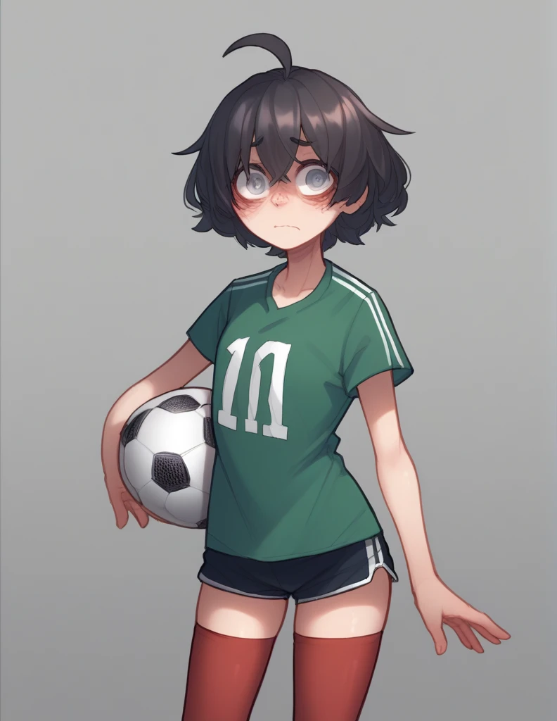 1 girl, alone, ppka, black fur, short hair, messy fur, Ahoge, parts, parts por todo el cuerpo, grey eyes, blind eyes, kind eyes, very nervous, looking at the viewer,
Football, ​​Mexican national team uniform, tennis, red stockings, high stockings, short blanco, mini short, Mexican national team shorts, green t-shirt, Mexican national team shirt, football in balloon, soccer field