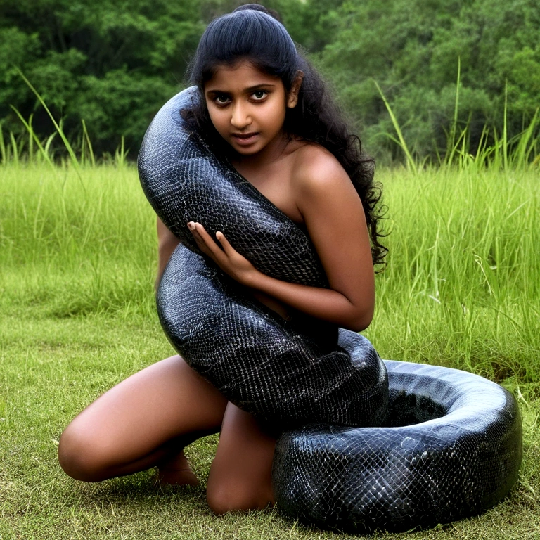  Happy Horny, aroused 1girl), beautiful kneeling young teen Indian pornstar  with  giant colossal black titanboa  squeezing her hard, wrapped in thick spiraling coils, constricted, struggle, gasping for air, snake attack, snake peril, moonless night, dim light