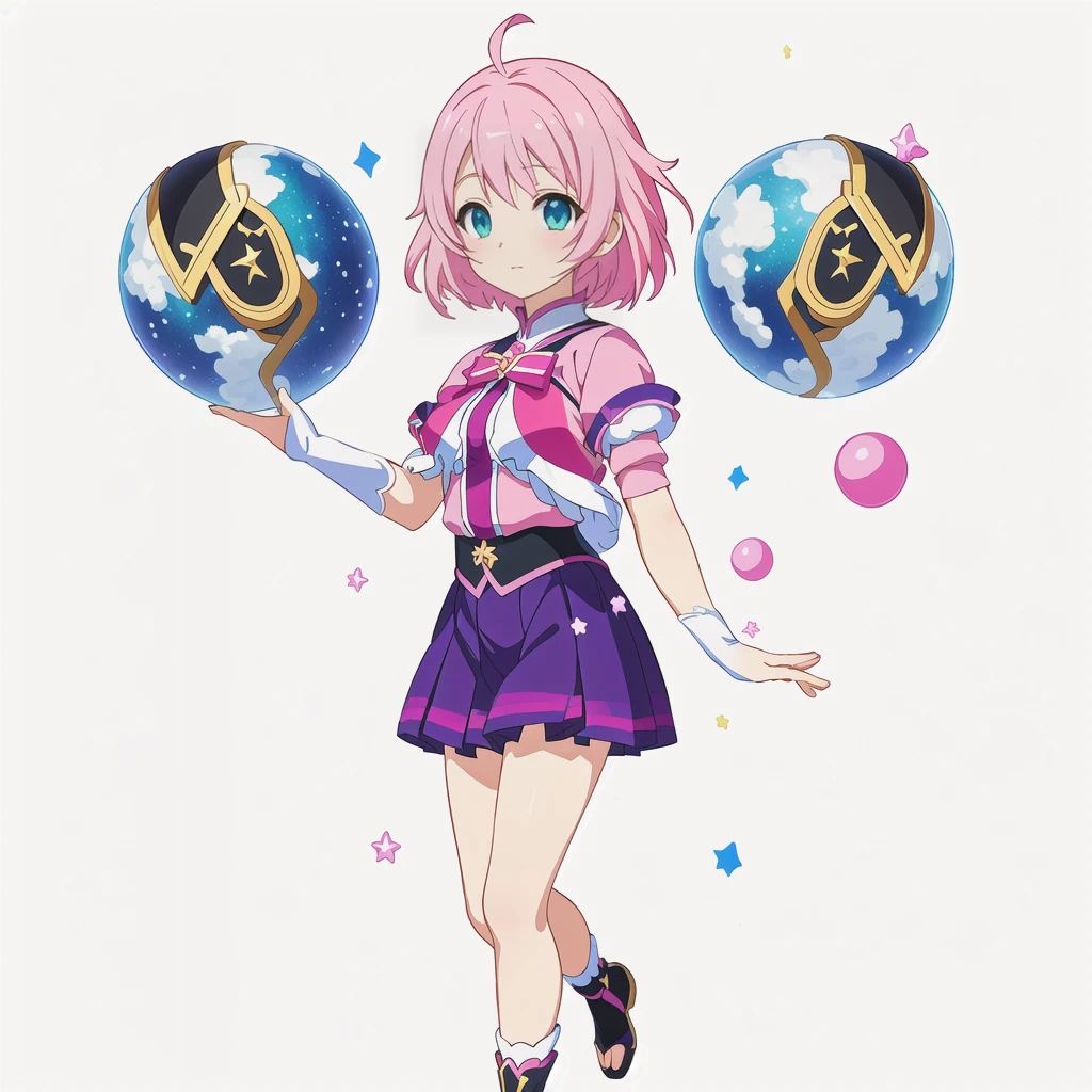 Highest quality, high resolution, High quality anime art style, Official Art, Smooth anime CG art, Stylized anime, Cute 3D anime girl render, Visual Novel Sprites, White background, whole body, Anime-style 3D, Smooth anime CG art, Humanoid Girl, JRPG Characters, Magical Girl Style, Pink Hairと紫色のドレスを着たアニメの女の子, Pink Hair, short hair, Pink ribbon, Floating in the air with stars painted on it2Spheres, Holding a magic recorder ,Small Bust, Small breasts, 13 years old