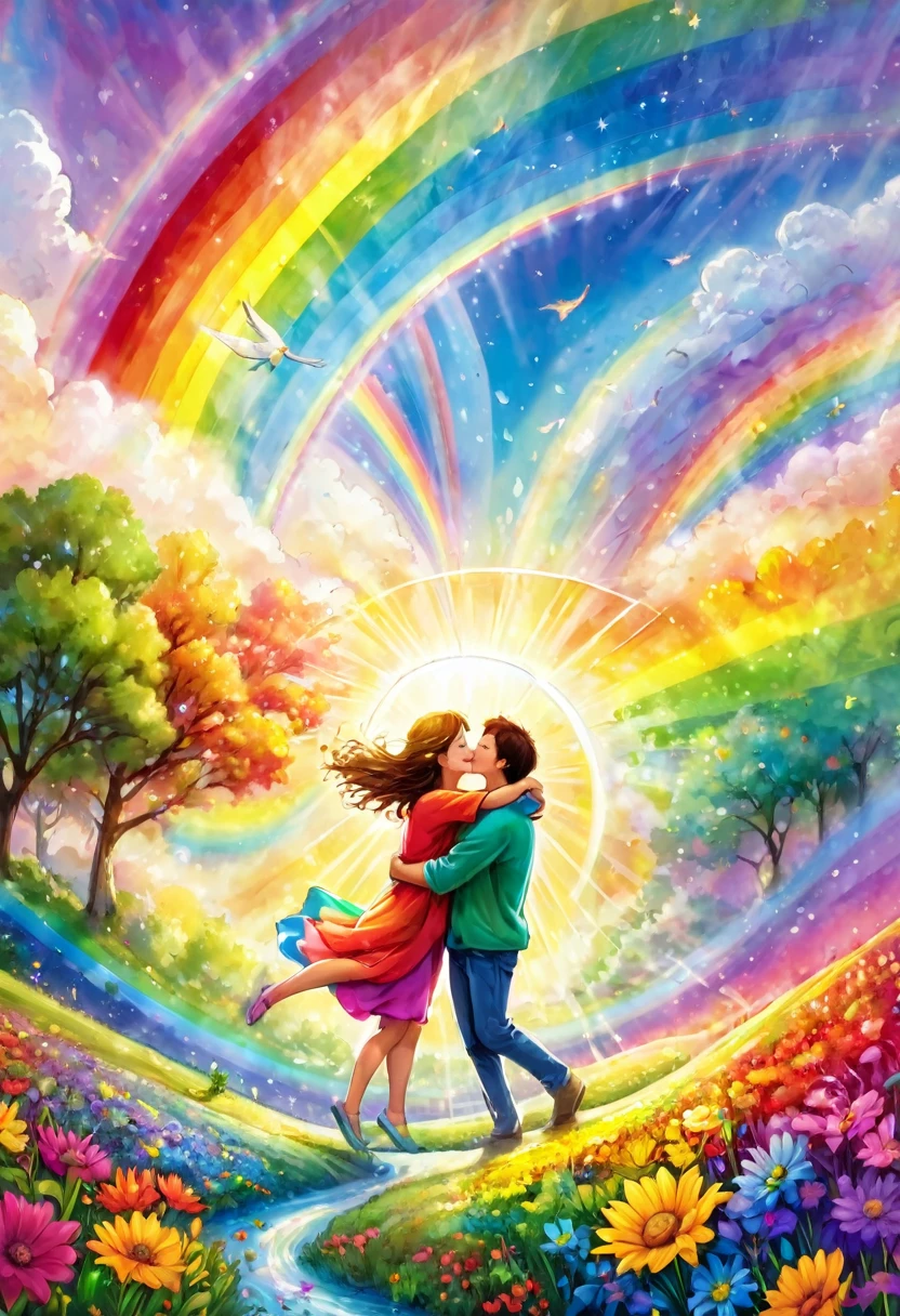 Angels hugging the earth and rejoicing, happiness, smiles, love, big rainbow colored light