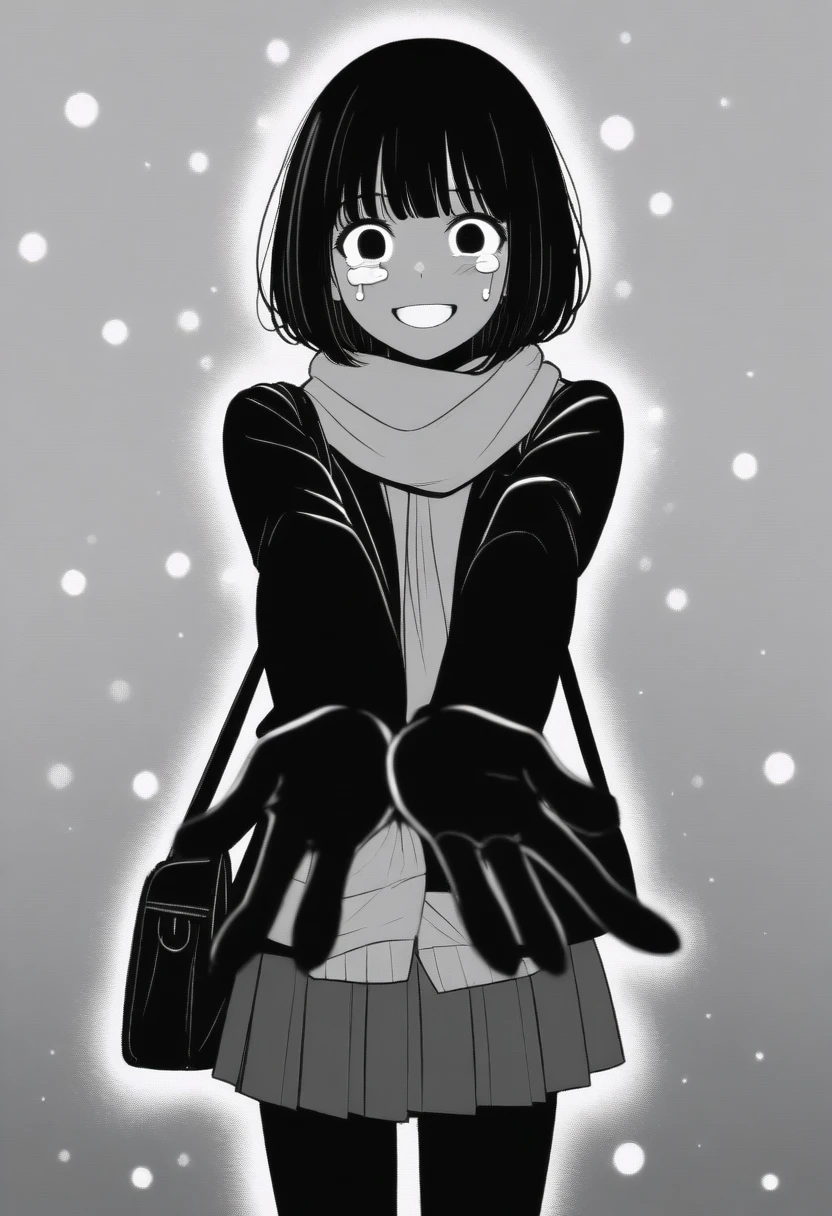 masterpiece, best quality, 1girl, mamerakkkkko, grayscale, manga style, japanese, chi no wadachi, black eyes, street, iced, black hair, schoolbag, smile, lineart, black coat, black scarf, black pleated skirt, leggins, centered, 18 years old, tall, fair skinned, bokeh background, crying, tears, tears streaming, bob cut, light particles, centered, snowing, (((reaching out a hand to viewer, perfect hand, detailed hand:1.1))
