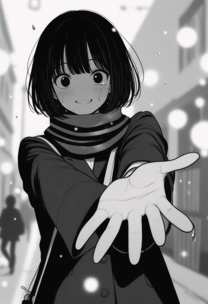 masterpiece, best quality, 1girl, mamerakkkkko, grayscale, manga style, japanese, chi no wadachi, black eyes, street, iced, black hair, schoolbag, smile, lineart, black coat, black scarf, black pleated skirt, leggins, centered, 18 years old, tall, fair skinned, bokeh background, crying, tears, tears streaming, bob cut, light particles, centered, snowing, (((reaching out a hand to viewer, perfect hand, detailed hand:1.1))
