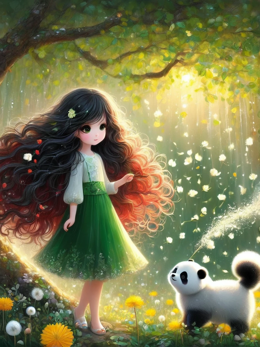 1girl, 独奏, Long hair, Red hair, Long sleeve, skirt, myopia, flower, from the side, Tree, contour, animal, Watermark, Wavy Hair, flower卉印flower, panda, plant, Nature, Network skirt, forest, curls, Green dress, vine,Glowing silver light,Innocence,storybook-like,对Nature的温柔描绘,Wear,so beautiful, in the style of Amanda clark, Evgeni gordiets